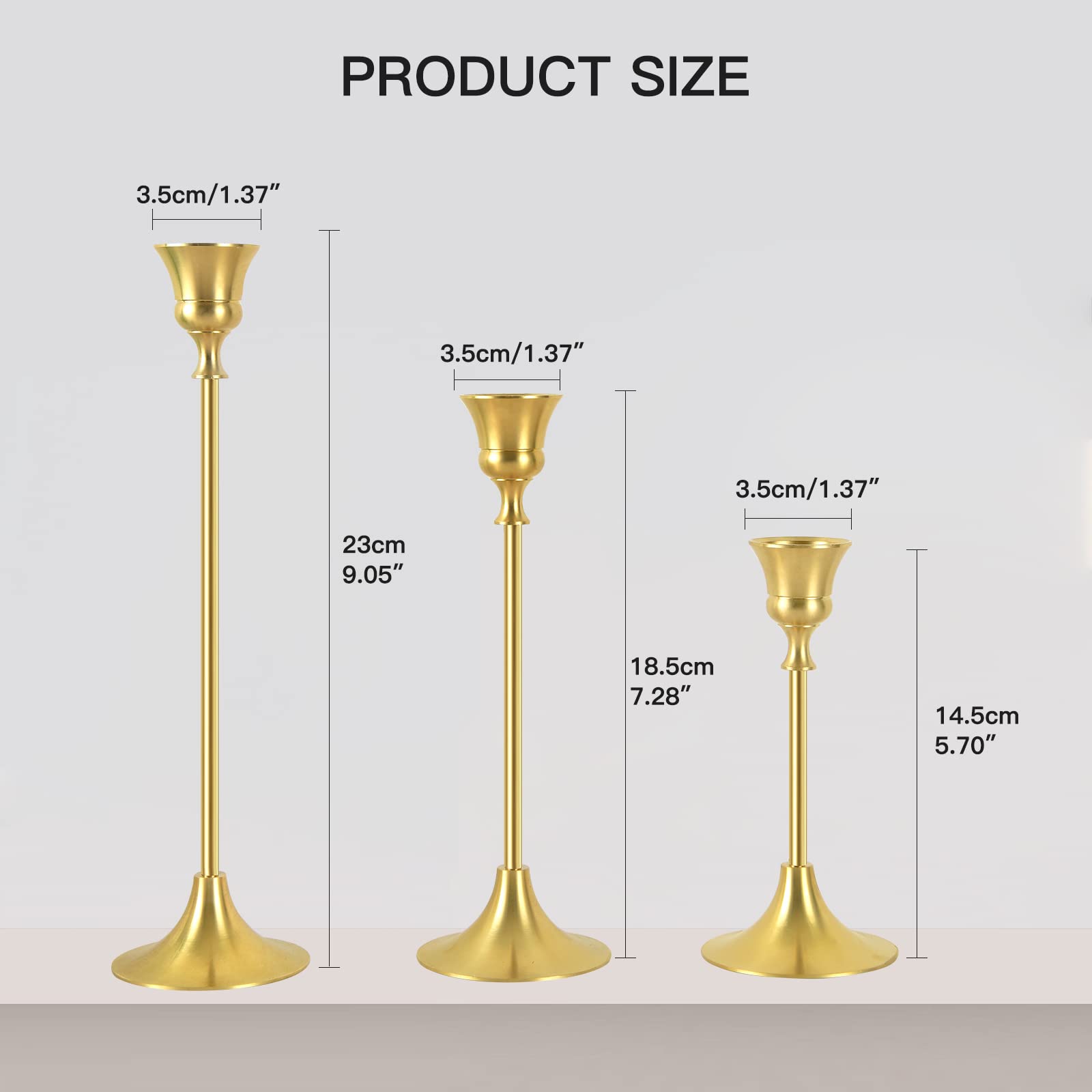 Premium Brass Candle Holders Set of 3 - Elegant Gold Taper Candlesticks for Weddings, Parties & Dining Table Centerpieces - Fits Thick & LED Candles - Perfect for Romantic Dinners, Holiday Decor & Home Ambiance