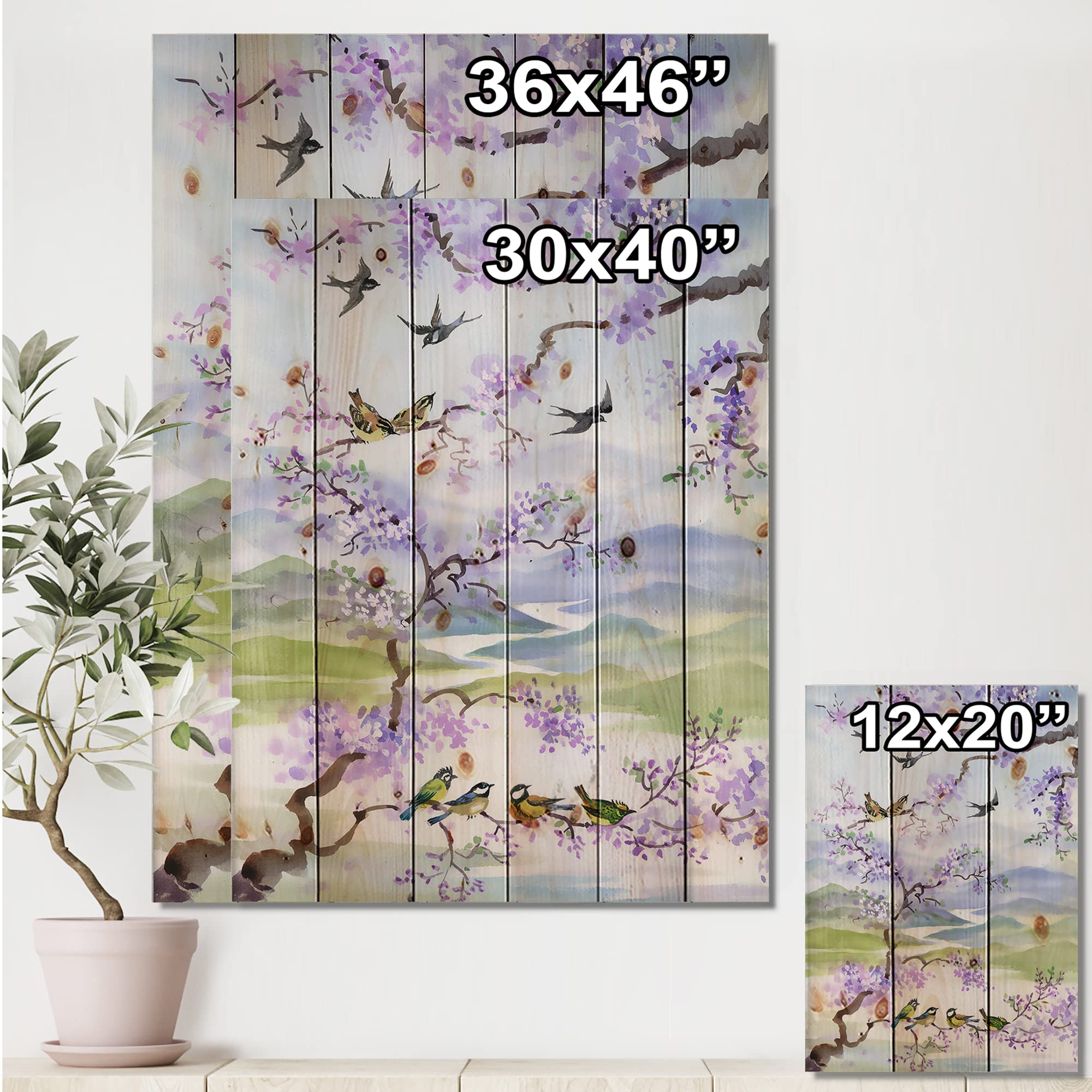 DesignQ Traditional Wood Wall Decor - Purple Cherry Branch Birds & Large Animals Art, Natural Pine Wood Wall Panels for Living Room & Bedroom Decor