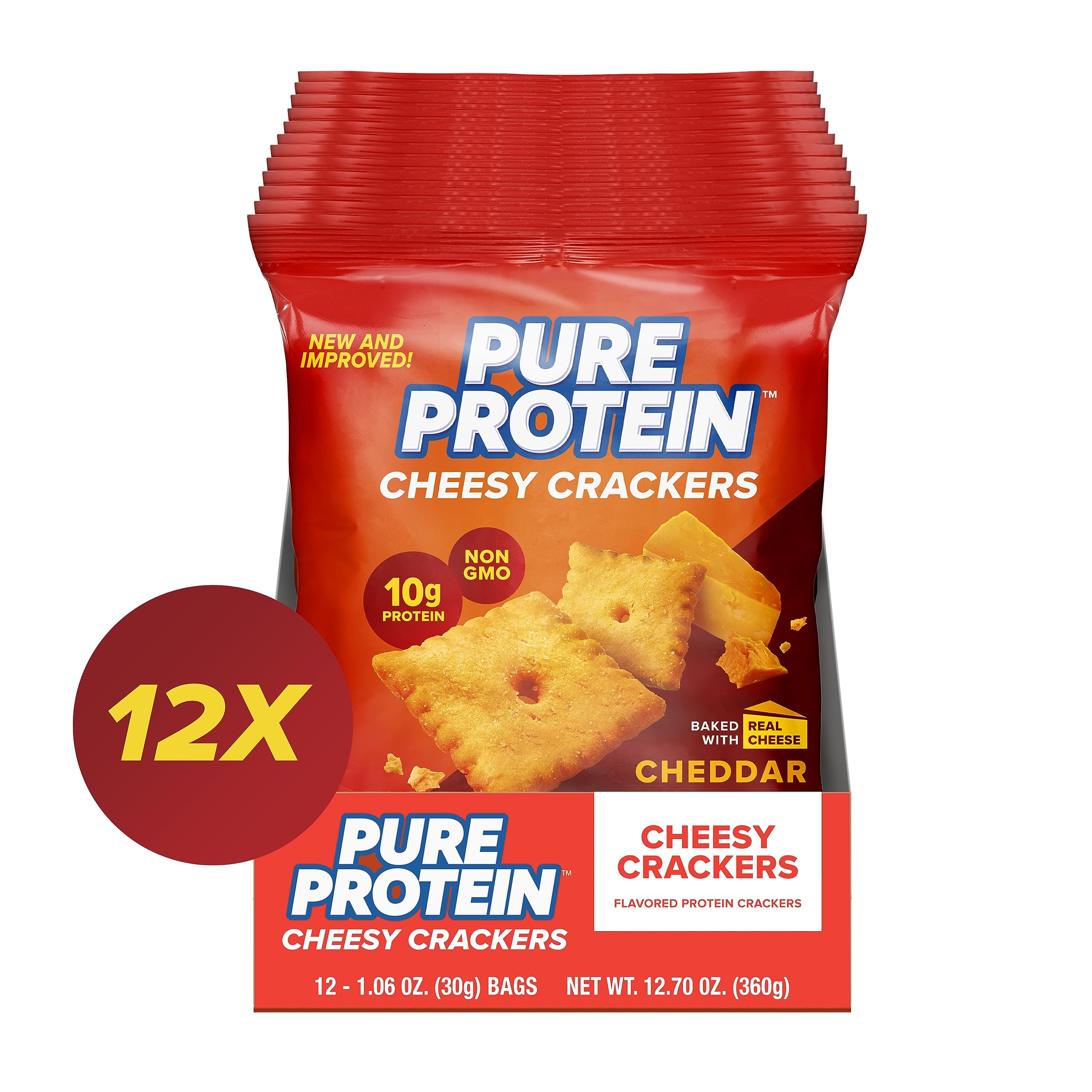 High Protein Cheddar Cheese Crackers - 10g Protein per Serving, 1.06 Oz (Pack of 12) - Healthy Low Carb Snack for Work, Gym & Keto Diet
