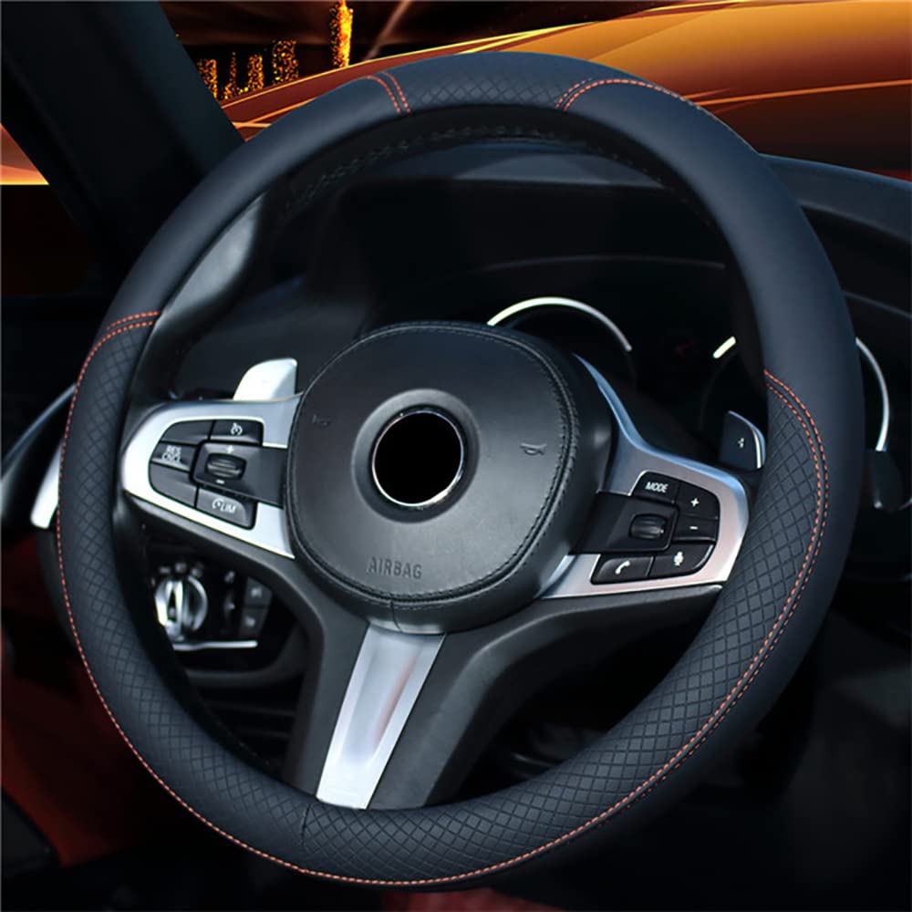 Premium Microfiber Leather Steering Wheel Cover - Universal 15 Inch Fit, Anti-Slip & Odor-Free (Black & Orange Line) - Perfect for Cars, Trucks & SUVs - Enhances Grip & Comfort for Daily Driving & Road Trips