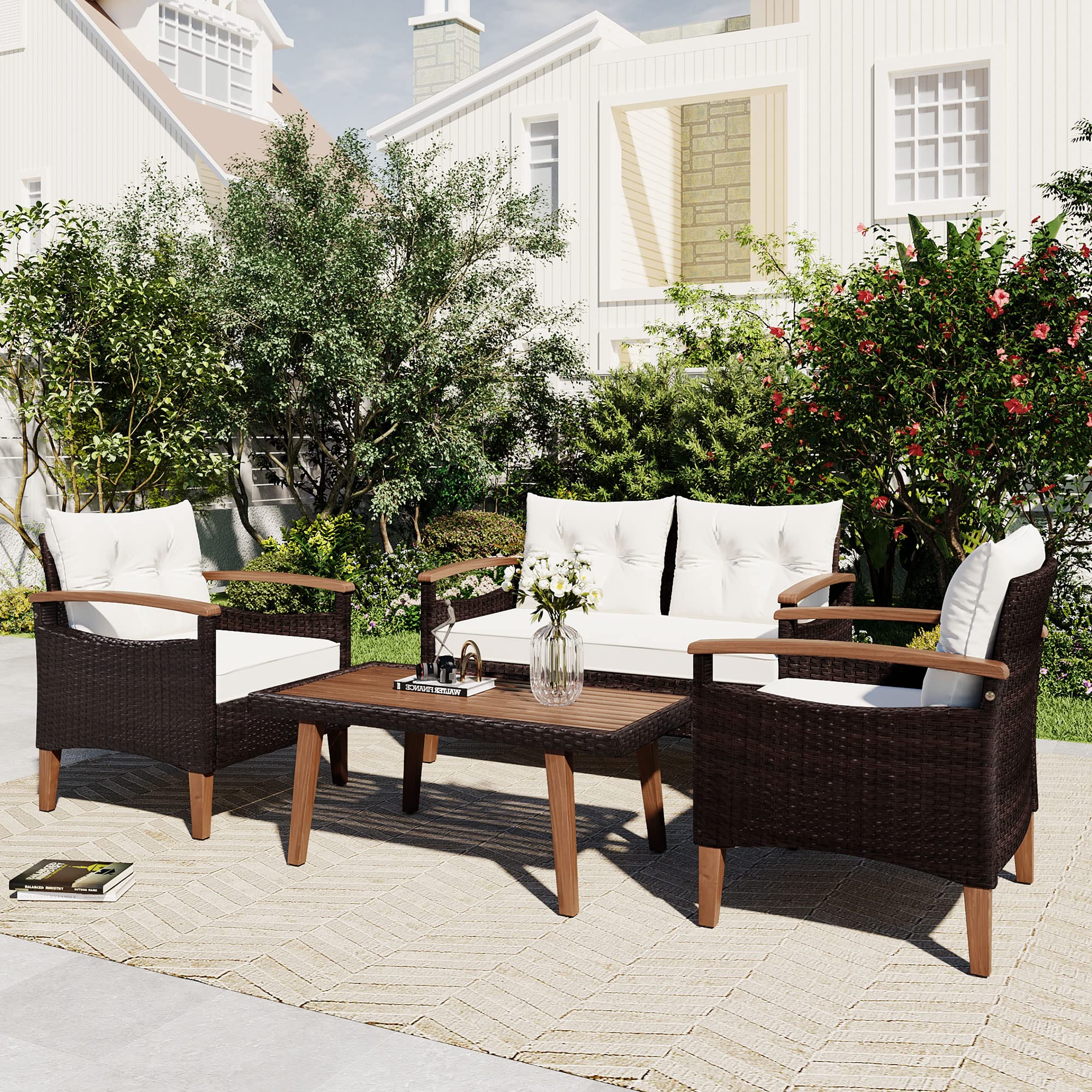 4-Piece Rattan Patio Conversation Set with Cushions & Coffee Table - Outdoor Furniture for Backyard, Porch, Poolside (Beige) | Perfect for Relaxing, Entertaining & Lounging in Your Garden or Terrace