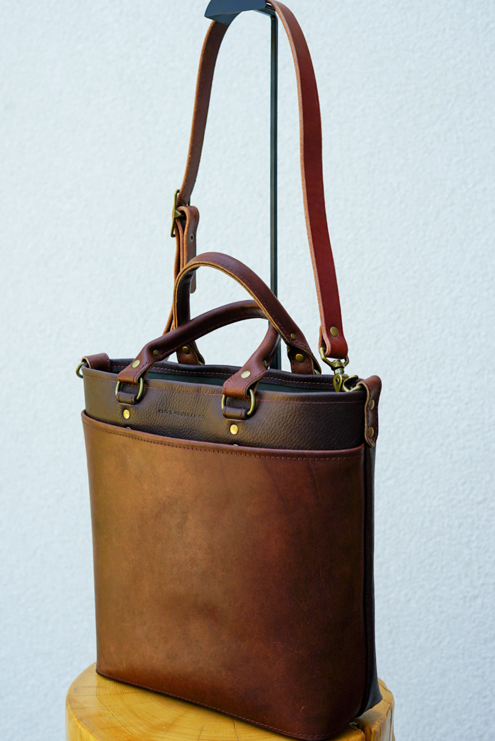 Stylish Two-Tone Handbag in Pebbled Brown & Dark Amber Harness Leather - Perfect for Work, Travel, and Everyday Use