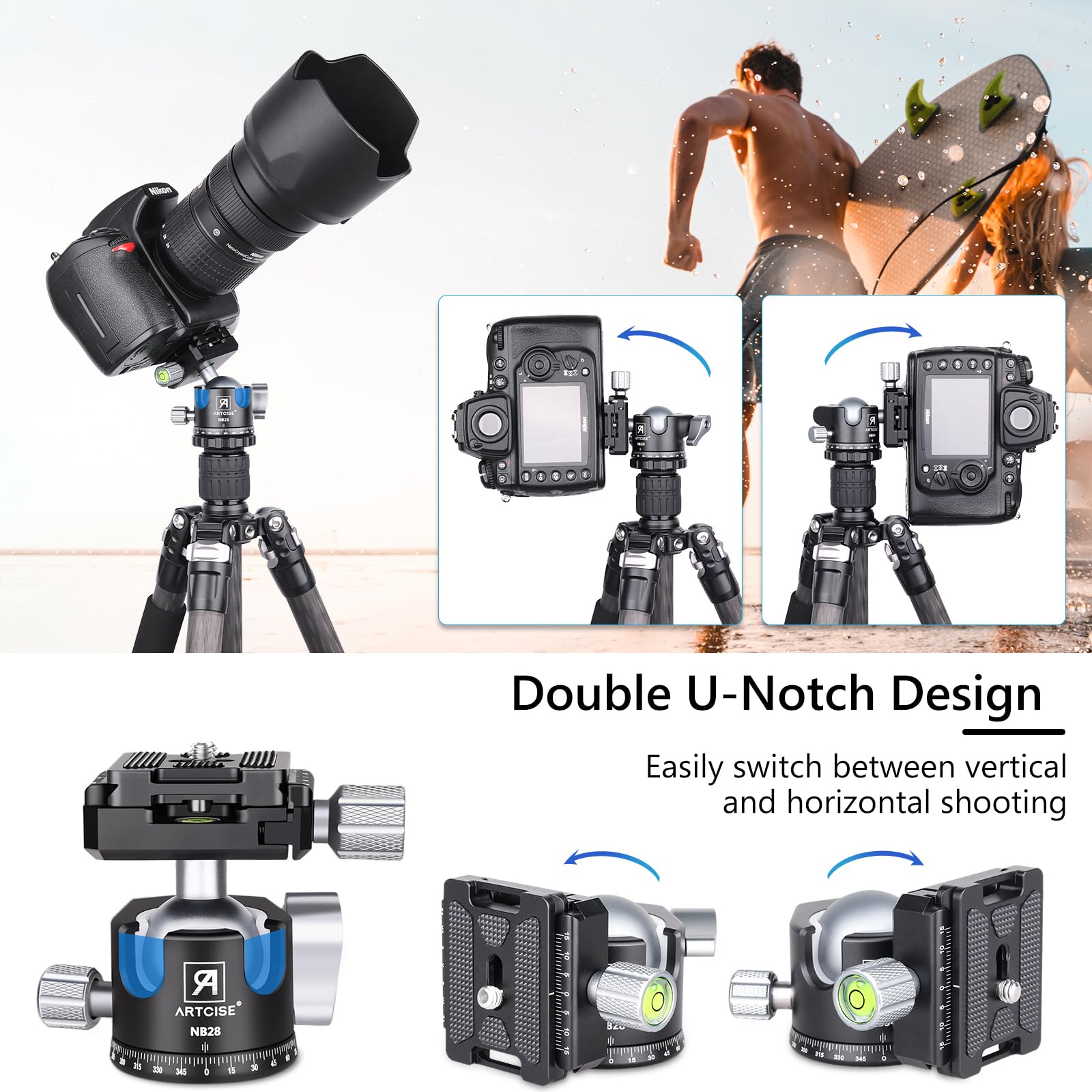 28mm Professional Low Profile Ball Head Tripod with 2 Arca-Swiss Quick Release Plates - CNC Aluminum 360° Rotating Panoramic Ball Head for DSLR Cameras, Monopods & Sliders (Max Load 22lbs/10kg) - Perfect for Landscape, Architecture & Travel Photography