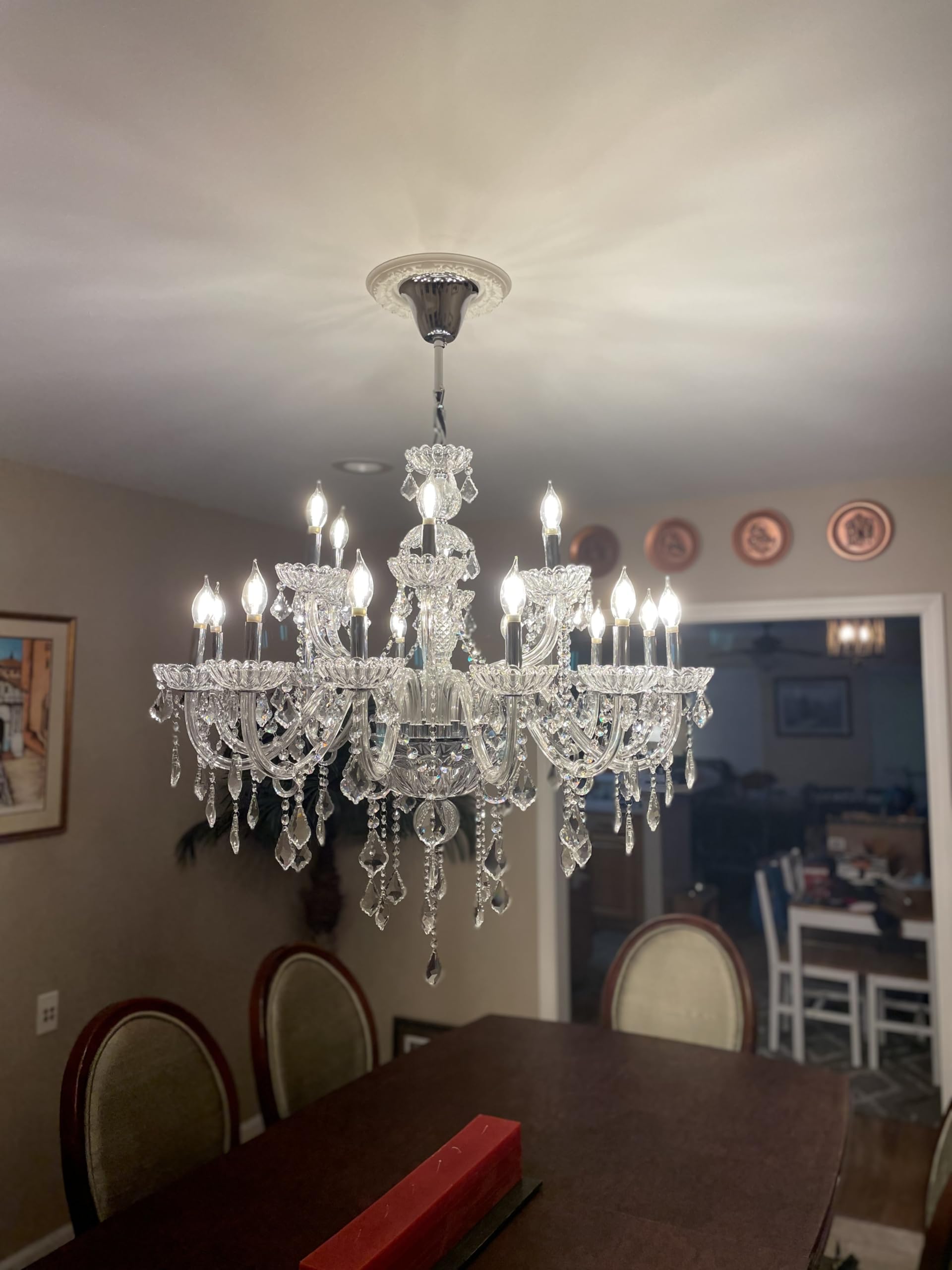 HungGwun 18-Light K9 Crystal Chandelier - Modern Luxury Candle Pendant Ceiling Lamp - 37x30 Inch Clear Glass Lighting Fixture for Dining Room, Bedroom, Living Room, Kitchen, Hallway & Entryway - Perfect for Weddings, Home Decor & Luxury Interior Design