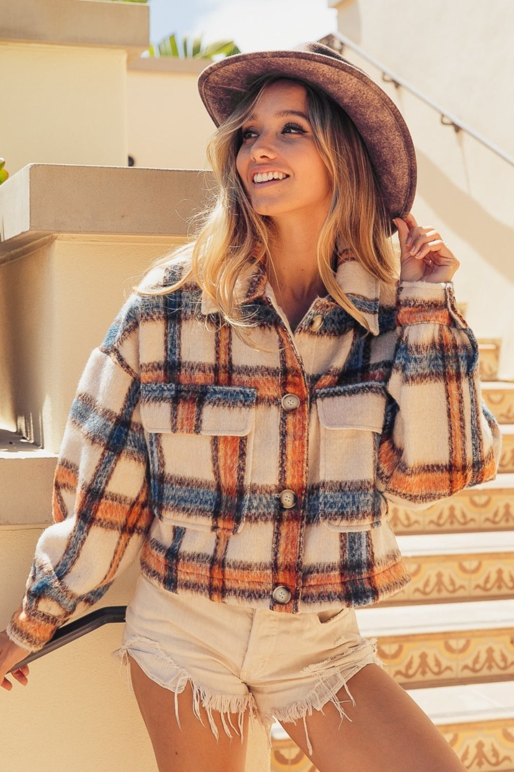Women's Brushed Plaid Crop Jacket with Pockets - Stylish Fall Outerwear for Casual Outings & Street Fashion