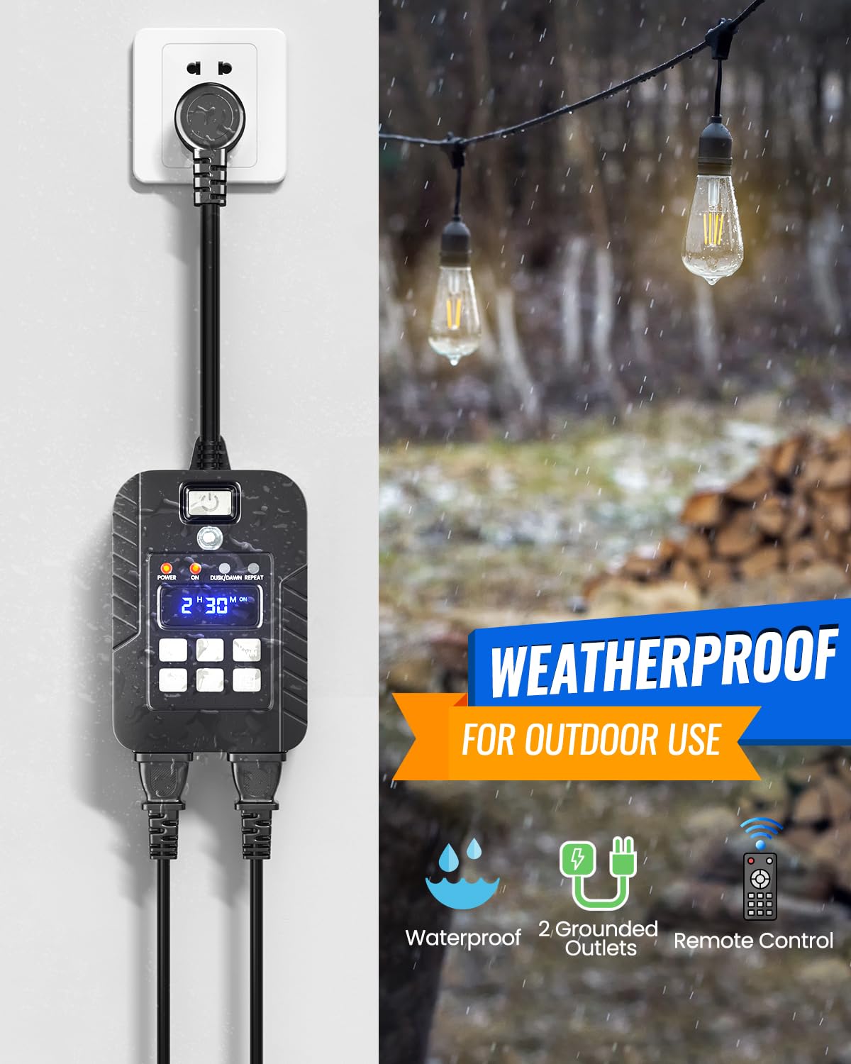 Waterproof Outdoor Light Timer with Remote Control - Dusk to Dawn Sensor, 100FT Range (1-60 Min & 2-8 Hour Modes) - 15A/125V Dual Outlet Plug-in Timer Switch for Patio, Garden & Landscape Lighting