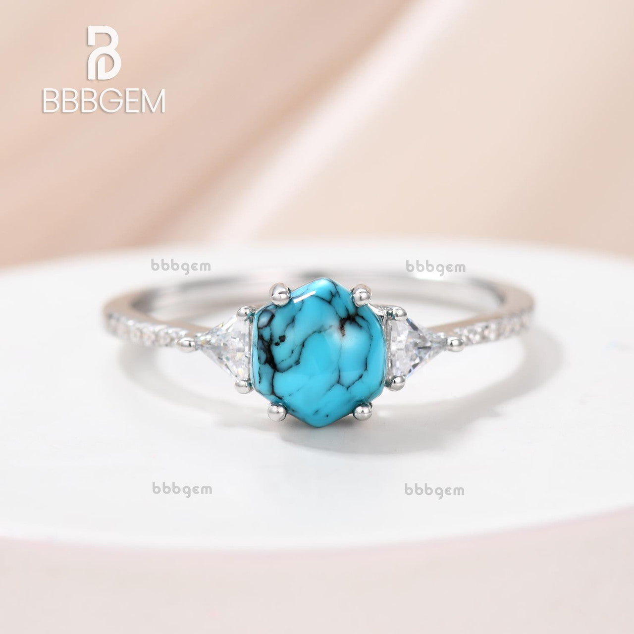 Three Stone Hexagonal Turquoise Engagement Ring with Triangle Moissanite Basket Setting - Unique Vintage Style Wedding Band for Women, Perfect for Proposals, Anniversaries & Special Occasions