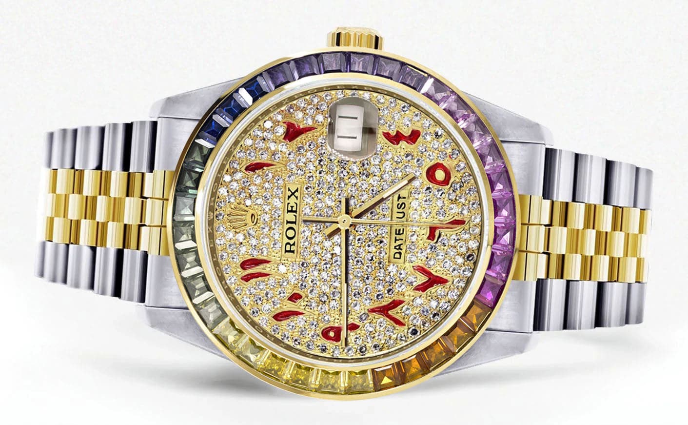 Luxury Diamond Gold Rolex Watch for Men 16233 | 36mm Rainbow Sapphire Bezel | Iced Out Red Arabic Numeral Dial | Jubilee Band | Perfect for Gifts, Weddings & Special Occasions
