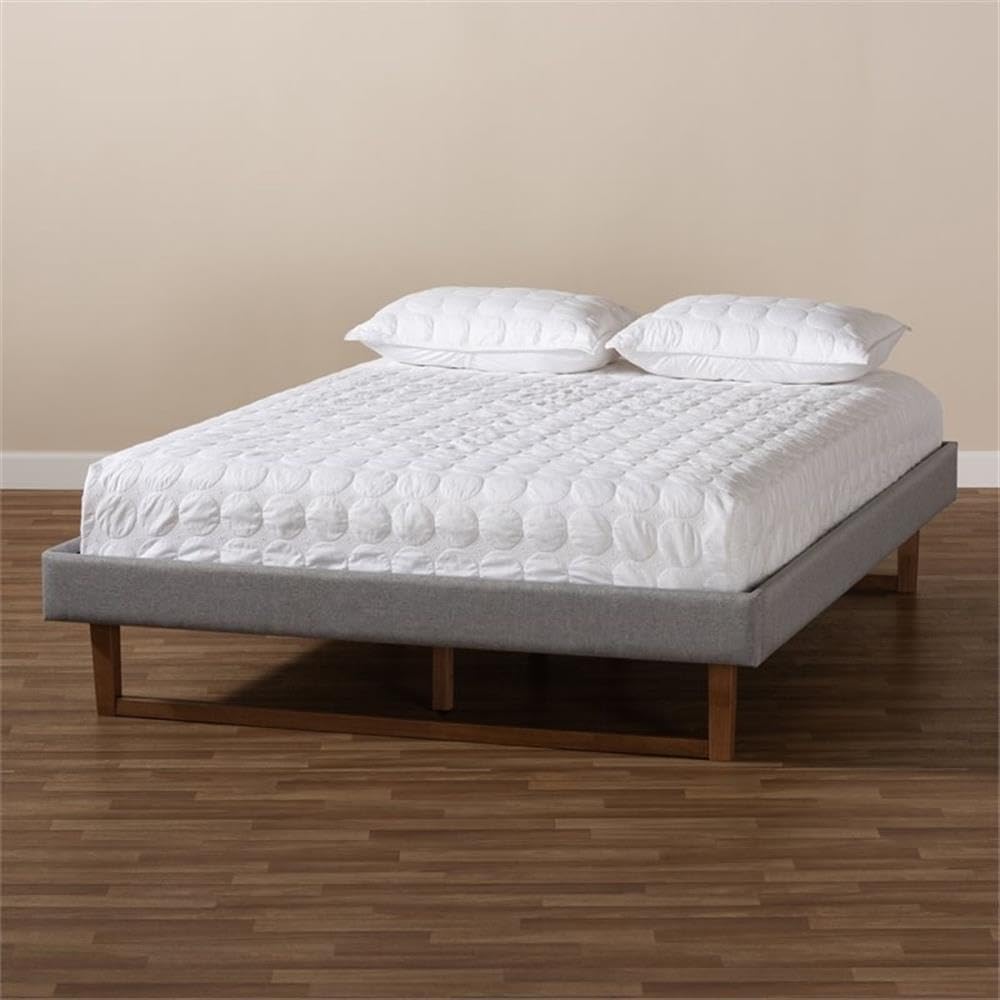 Baxton Studio Liliya Mid-Century Modern King Size Bed Frame - Light Grey Fabric Upholstery with Walnut Brown Wood Finish | Perfect for Contemporary Bedrooms & Master Suites