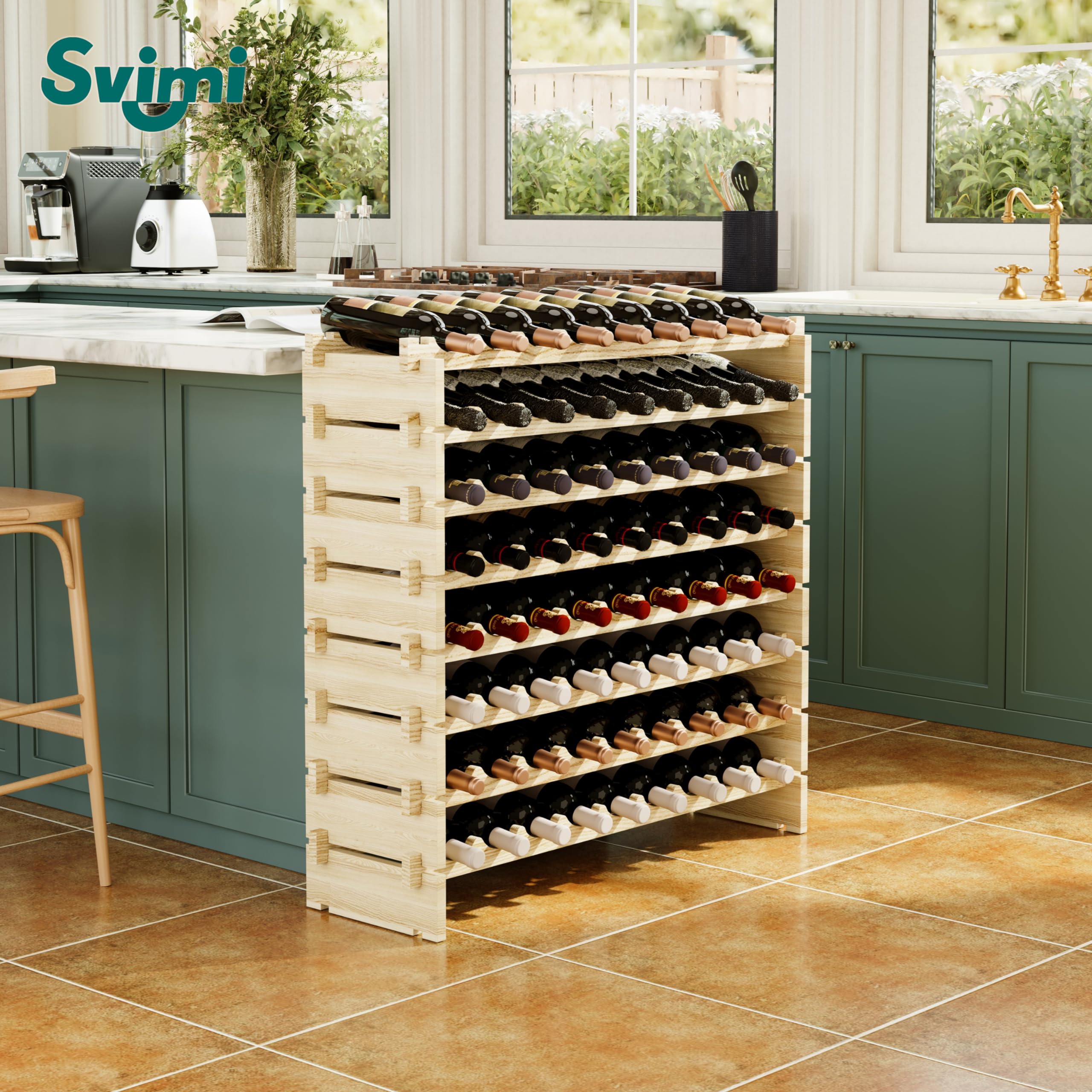 Premium Modular Real Wood Wine Storage Rack - Stackable 8-Tier Free Standing Floor Wine Rack Holds 72 Bottles | Elegant Wine Display & Organization for Kitchen, Dining Room & Wine Cellar | Perfect for Home Bars, Restaurants & Wine Collectors