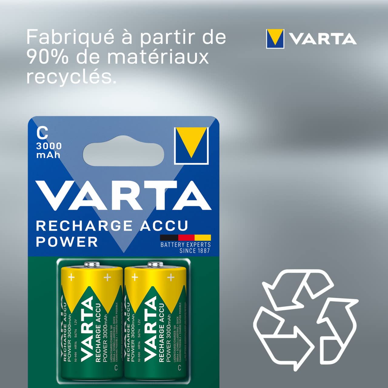 Varta High Capacity C Pre-Charged Rechargeable Batteries 3000mAh - 2 Pack for Flashlights, Toys, and Emergency Power Backup