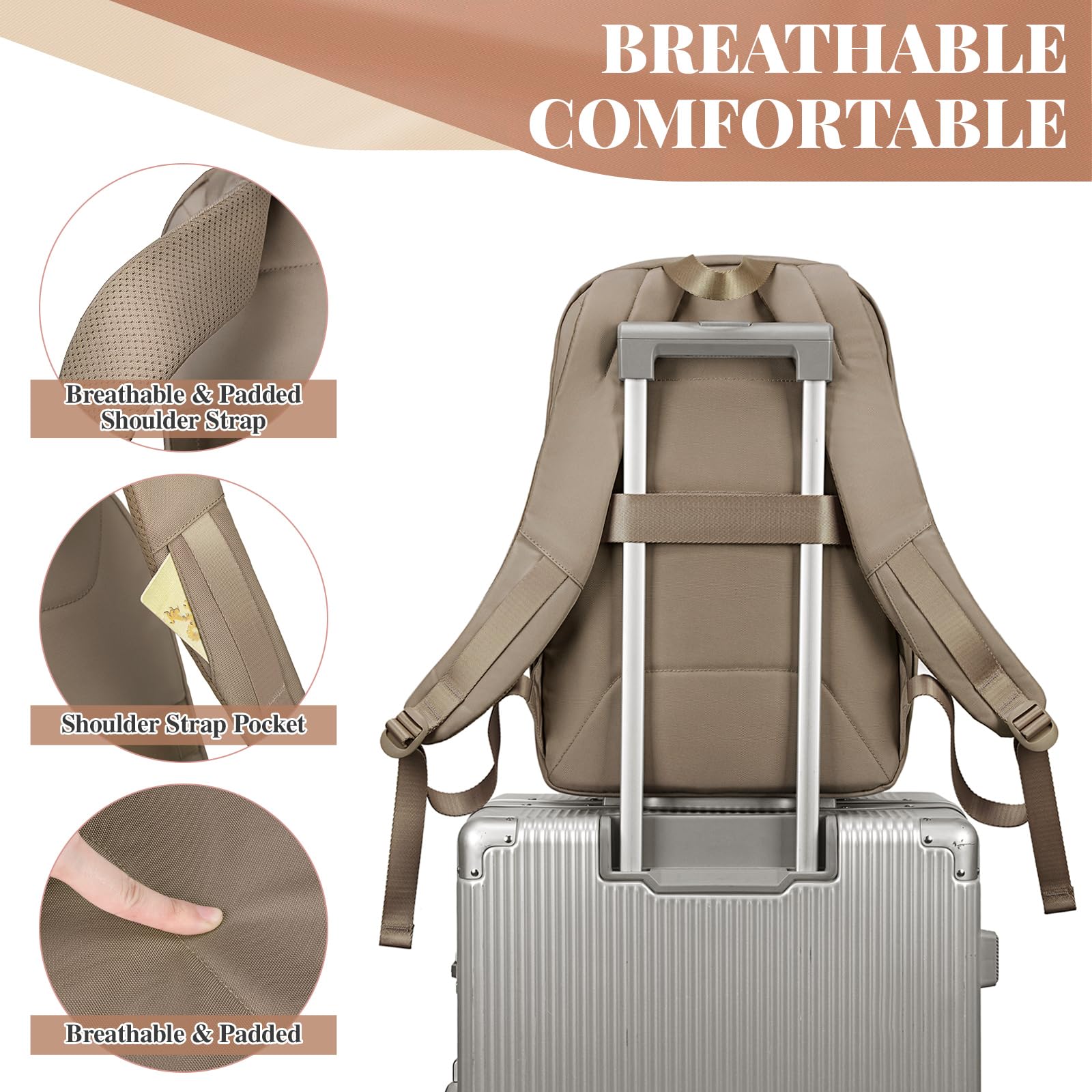 BAIGIO Women's Lightweight Water-Resistant 15.6 Inch Laptop Backpack - Business Travel & Work Computer Bag in Khaki | Perfect for Commuting, Office Use & College Students