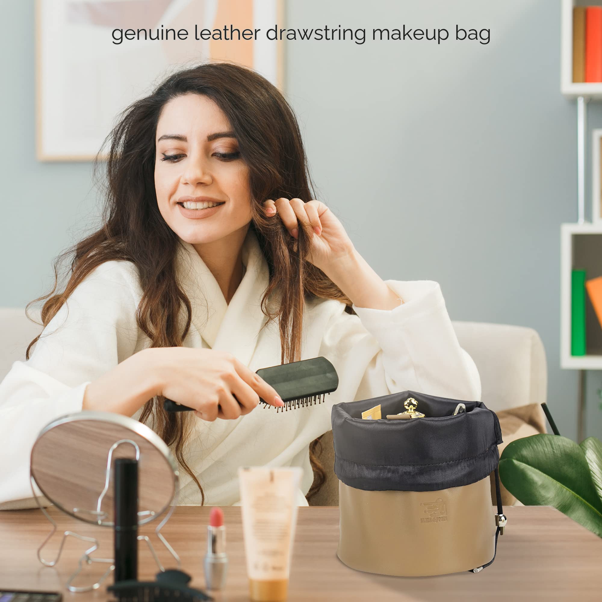 Eliza & John - Large Makeup Organizer & Travel Toiletry Bag for Women & Men, Waterproof Drawstring Shaving Kit with Multiple Pockets - Perfect for Vacation, Gym, Camping & Business Trips (Camel)