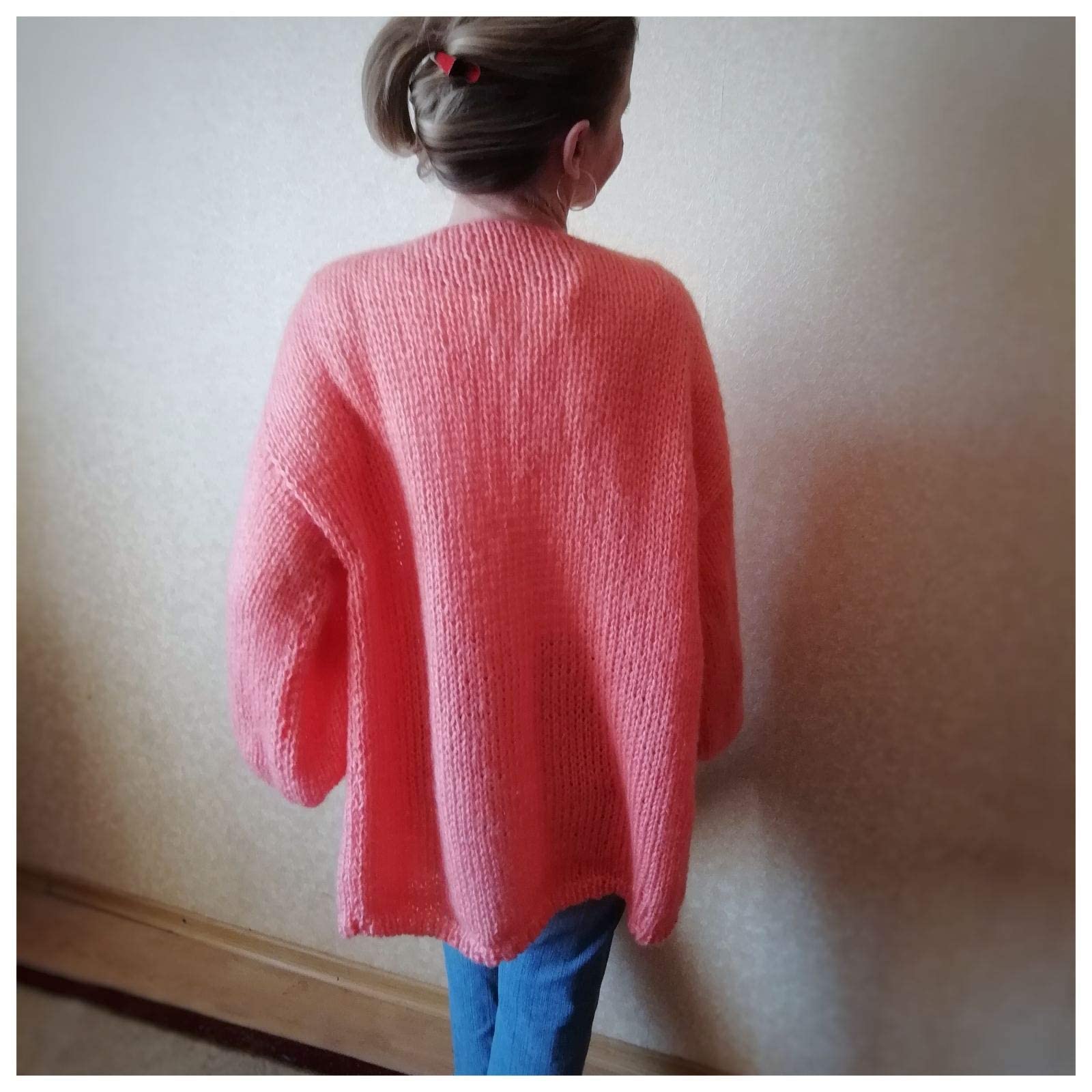 Handmade Mohair Peach Women's Cardigan - Oversized Open Knit Braid Sweater with Flashlight Sleeves | Warm Winter Fashion for Casual Outings & Cozy Home Wear