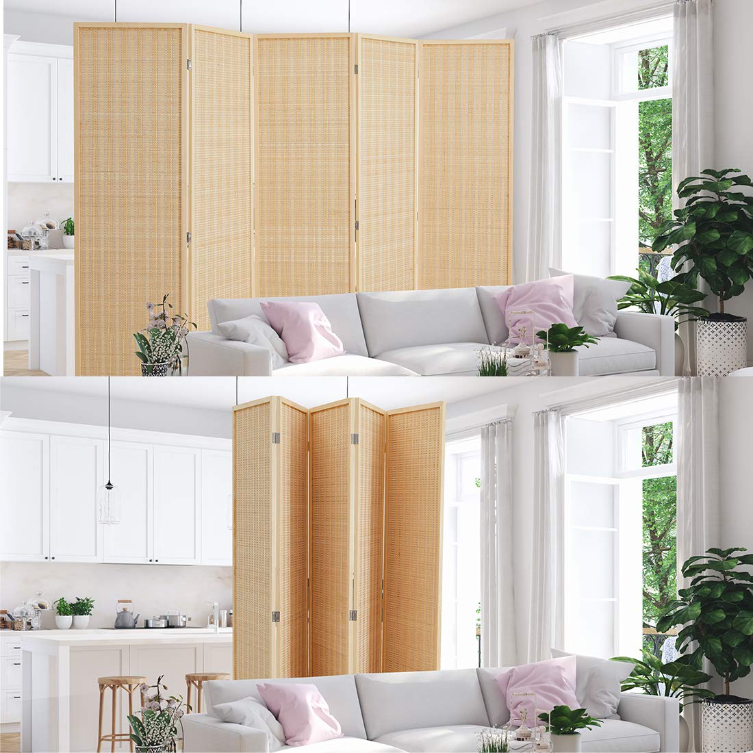 5 Panel Bamboo Room Divider Privacy Screen - Freestanding Natural Beige Folding Partition for Home Office, Bedroom & Living Room Space Separation