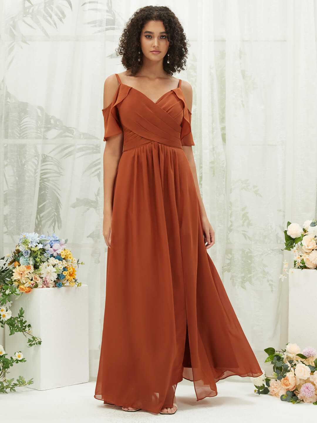 Elegant Burnt Orange Chiffon Ruffle Cold Shoulder Sweetheart Bridesmaid Dress - Perfect for Weddings, Formal Events & Special Occasions