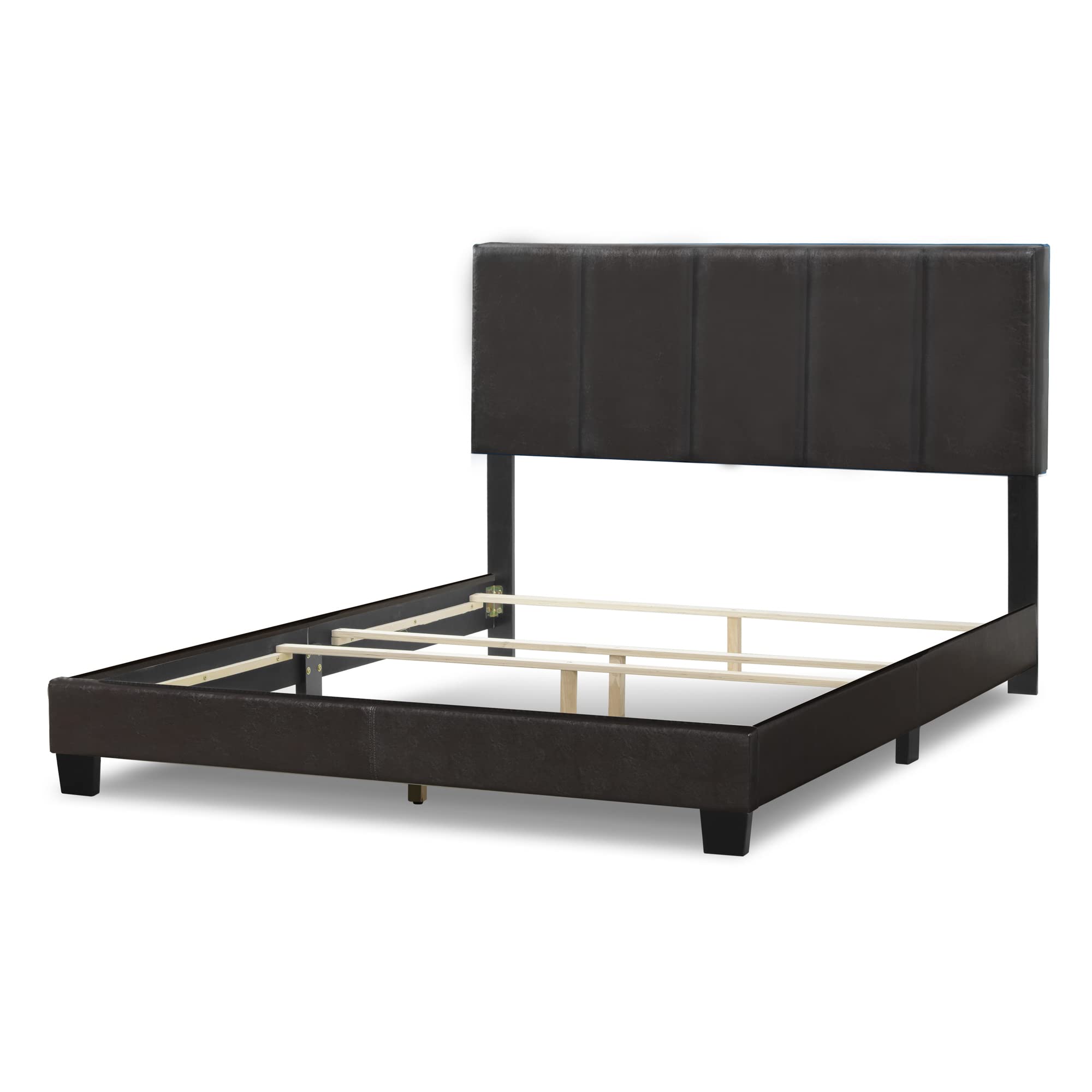 Stylish Arty Black Brown Faux Leather Queen Bed with Elegant Line Stitch Tufting - Perfect for Modern Bedrooms, Guest Rooms & Luxury Home Decor