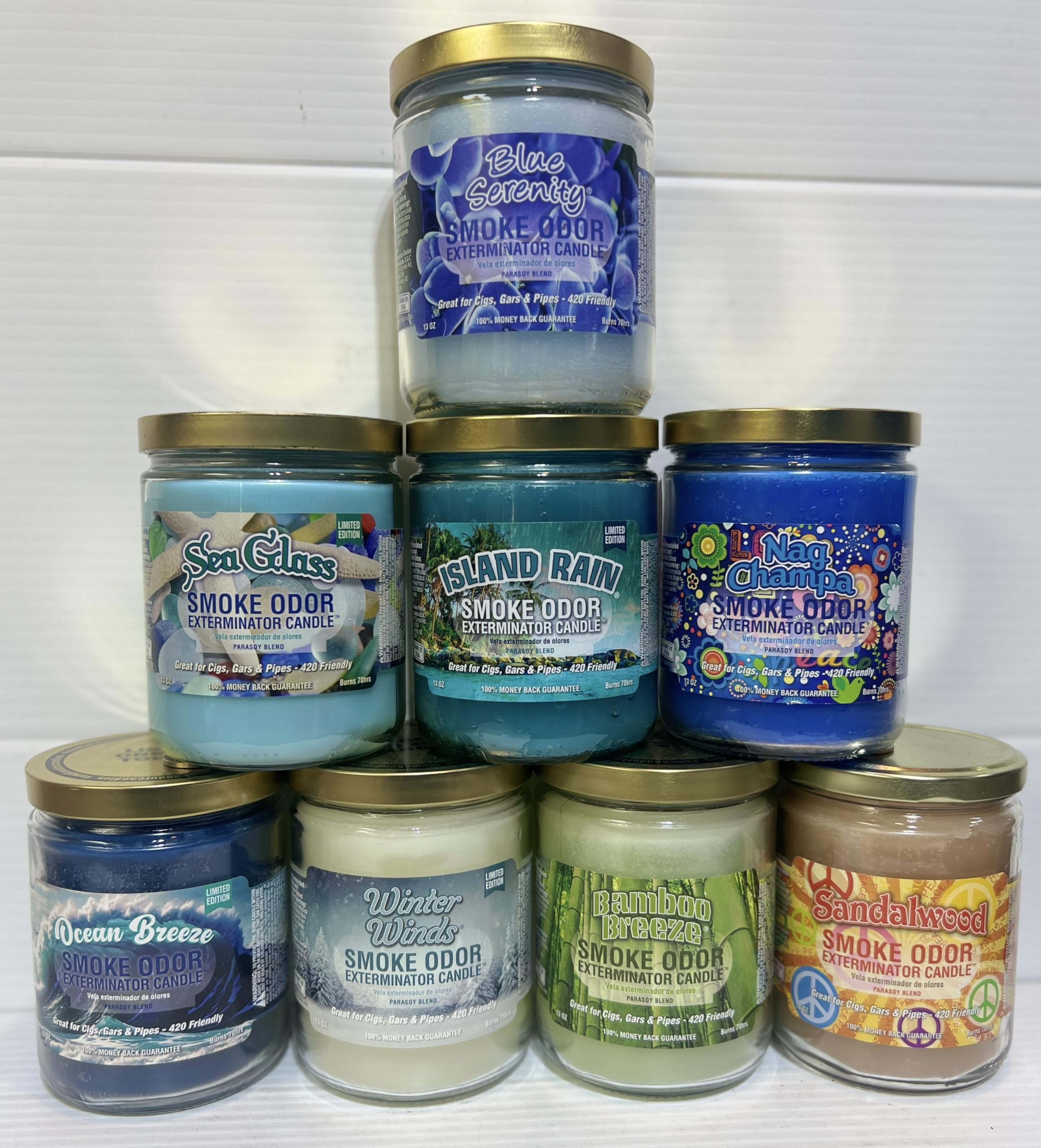 Blue Serenity Smoke Odor Eliminator Candle - 13oz Jar (8-Pack) with Winter Wind, Ocean Breeze, Nag Champa, Bamboo Breeze, Island Rain, Sea Glass & Sandalwood Scents - Perfect for Home, Office, Yoga Studio and Meditation Spaces