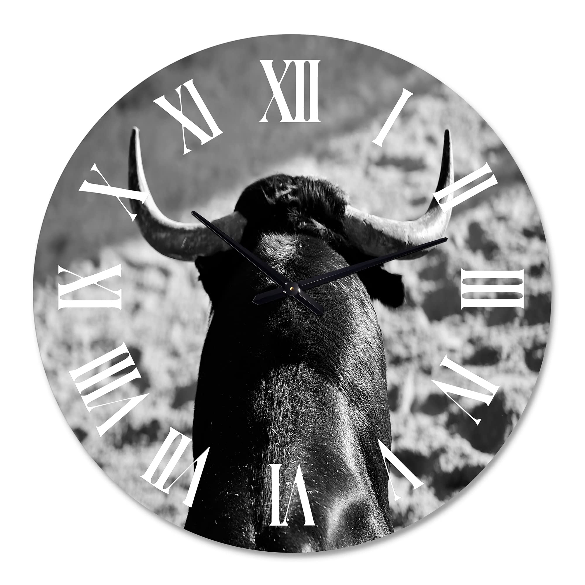 Farmhouse Wall Clock - Large Monochrome Spanish Bull Portrait II - Rustic Office Decor & Home Wall Art - Perfect for Living Room, Bedroom, or Study
