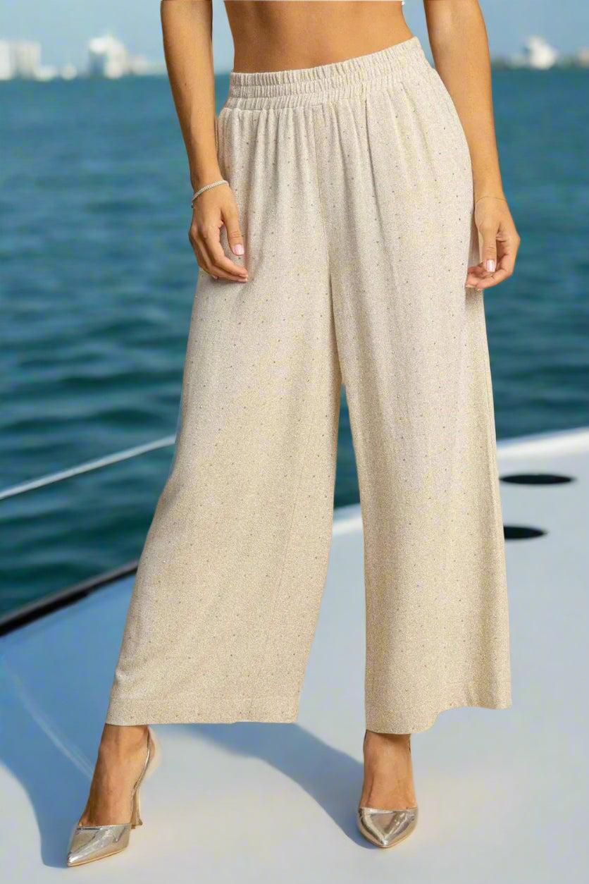 Full Size High Waisted Embellished Linen Resort Pants - Women's Comfortable Summer Beachwear for Vacation & Tropical Getaways