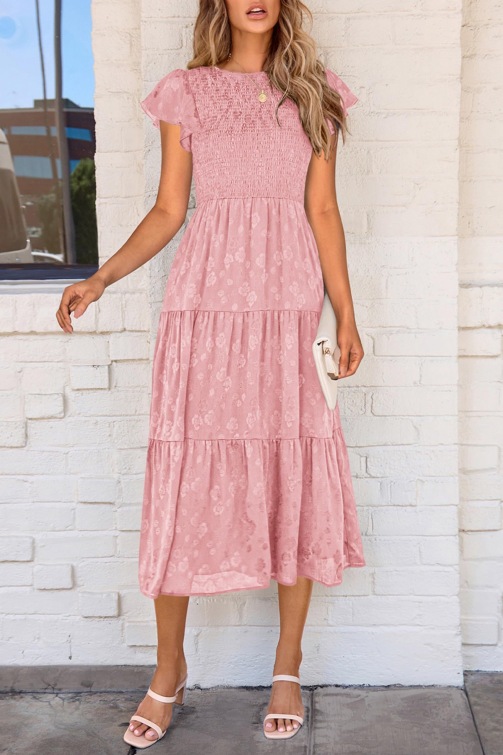 PRETTYGARDEN Women's Floral Midi Dress 2025 Summer Cap Sleeve Smocked Ruffle A-Line Long Flowy Wedding Guest Dress - Perfect for Beach Weddings, Garden Parties & Summer Vacations