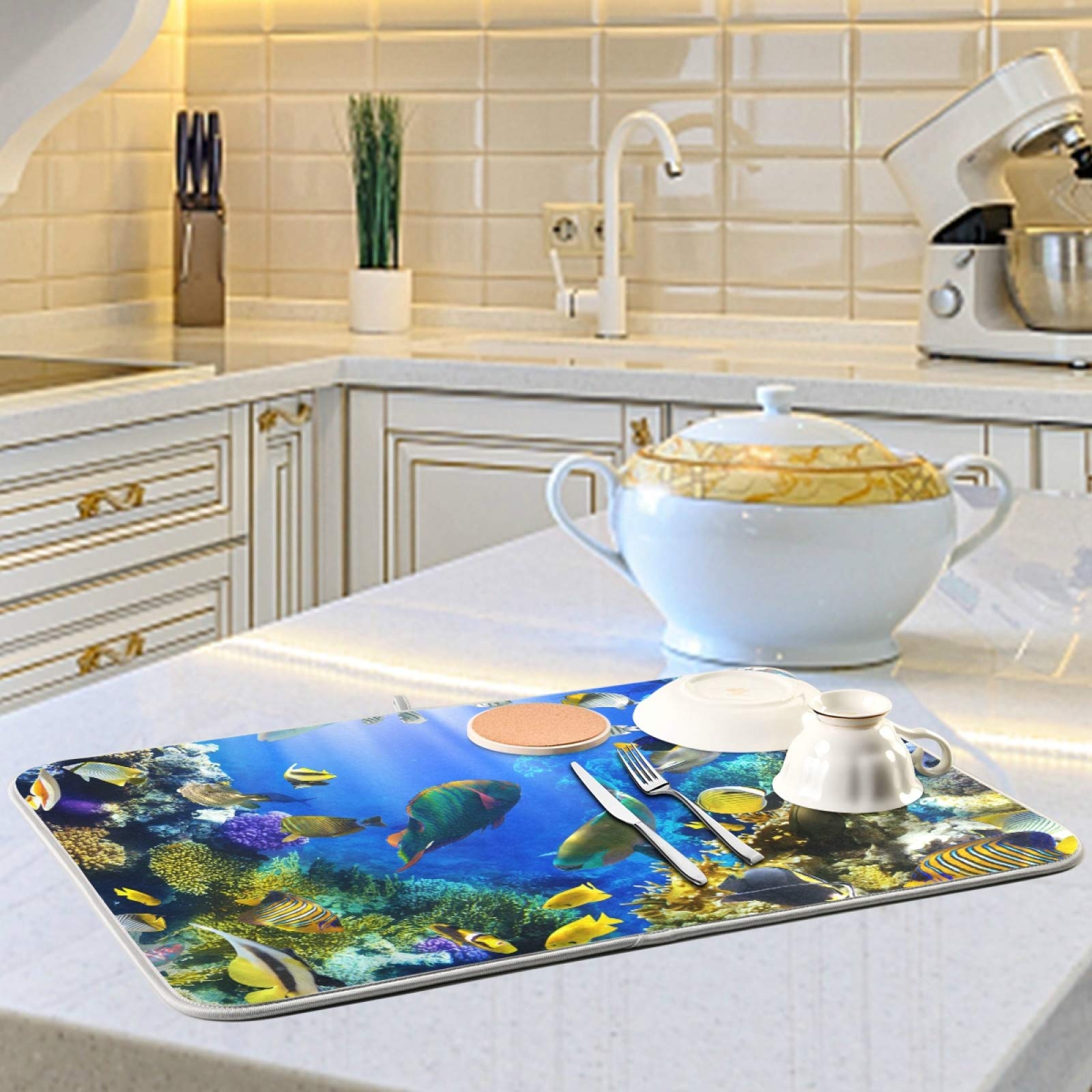 ATTX Ocean Fish Dish Drying Mat for Kitchen - Eco-Friendly, Heat Resistant & Dishwasher Safe Countertop Mat (24x18 Inches) | Perfect for Drying Dishes, Utensils & Cookware - Ideal for Kitchen Countertops & Sink Areas