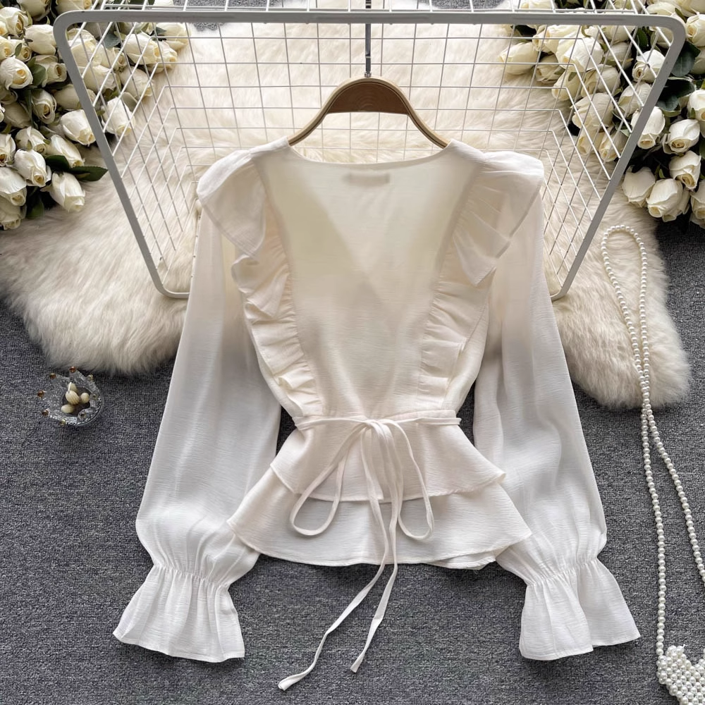 Fairy Ruffle Chiffon Blouse - Sweet Puff Sleeve V-Neck Top for Women | Elegant Flowy Shirt for Date Night, Party & Spring Outfits (Style 1061)