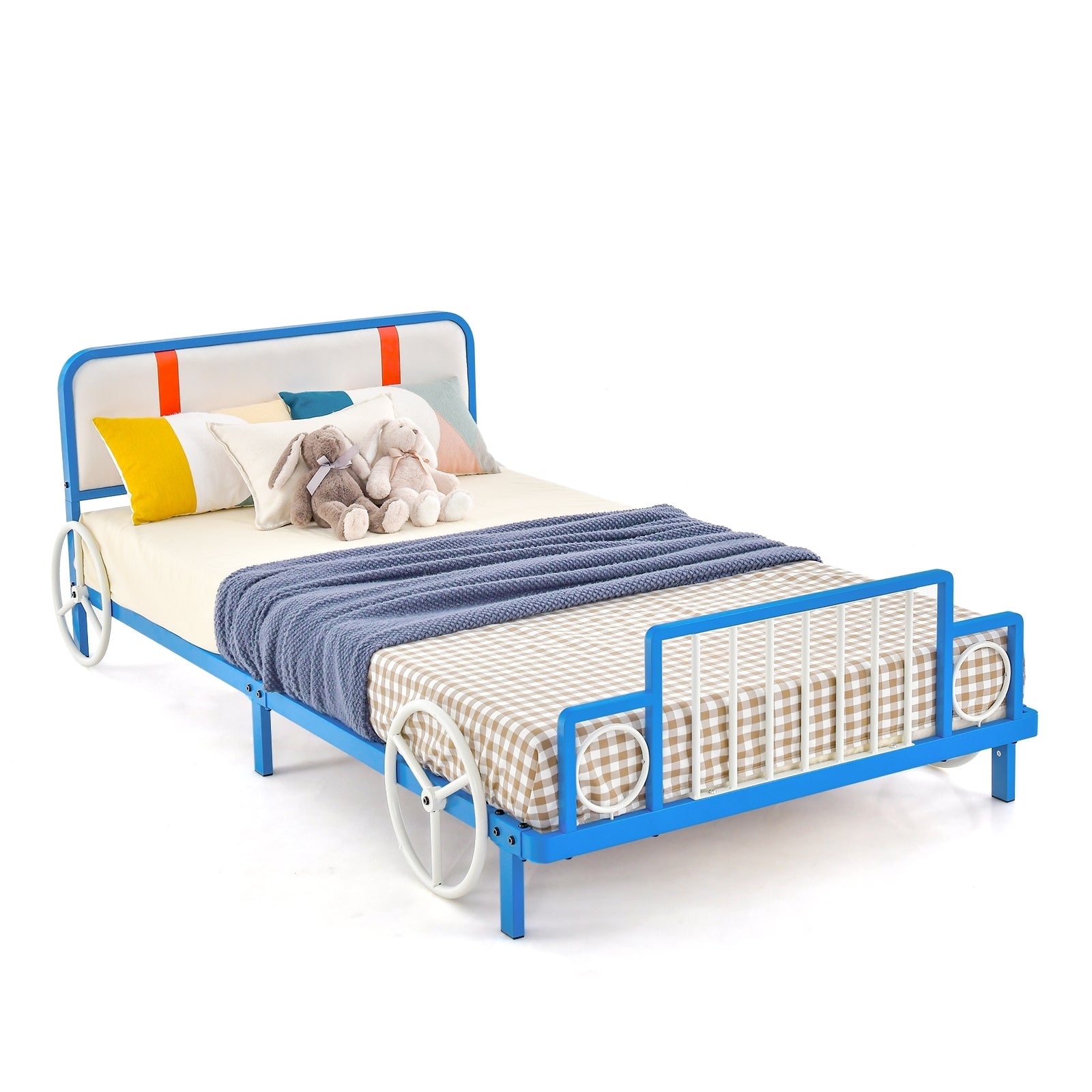 Twin Size Kids Car Shaped Metal Bed Frame with Upholstered Headboard - Sturdy Platform Bed for Boys & Girls Bedroom Decor | Perfect for Themed Rooms, Sleepovers and Playtime