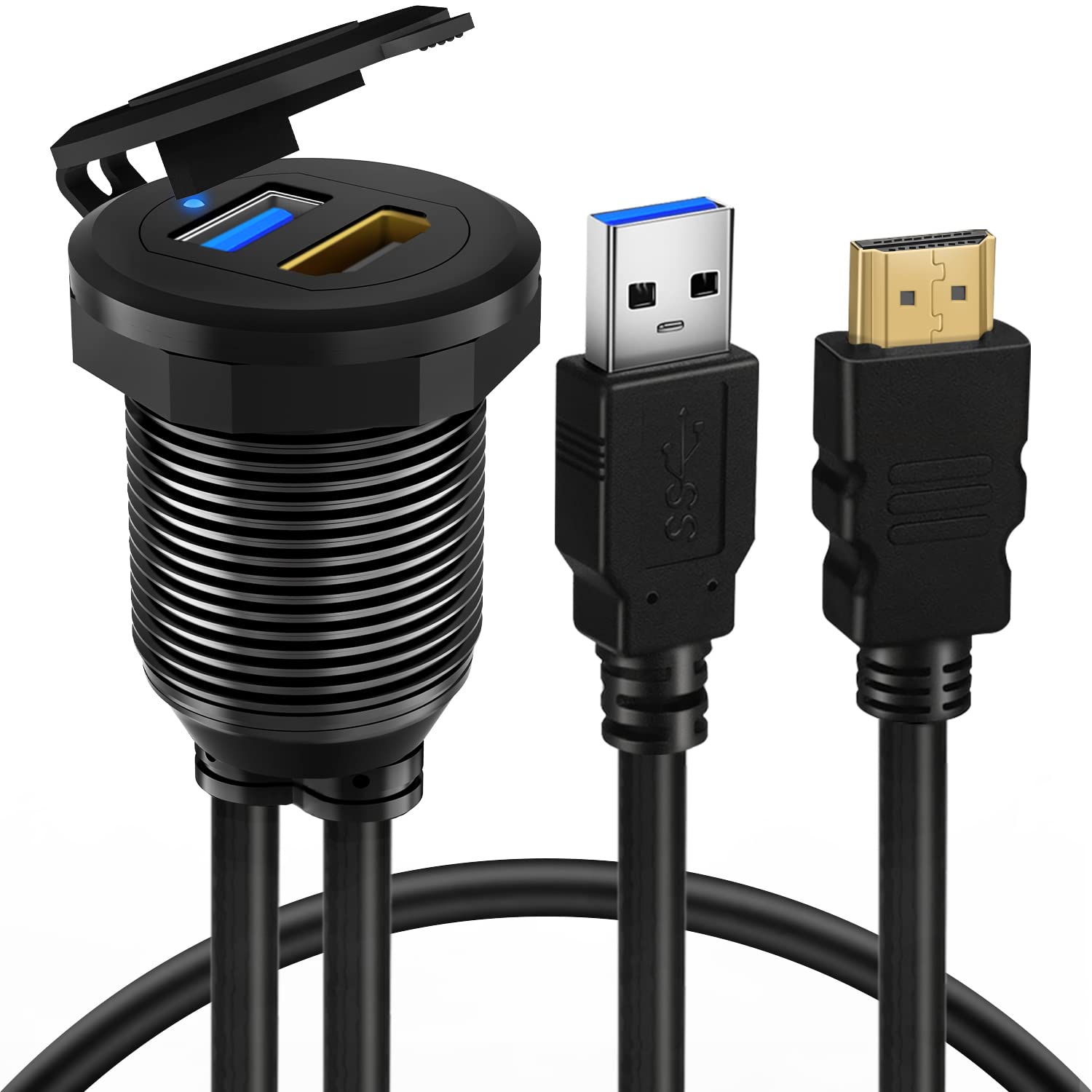 BATIGE USB 3.0 HDMI Car Mount Flush Port Cable - Alloy Shell HDMI USB 3.0 Dash Panel Extension with LED Indicator for Car, Boat, Motorcycle (3ft) - Perfect for In-Vehicle Entertainment & Navigation Systems