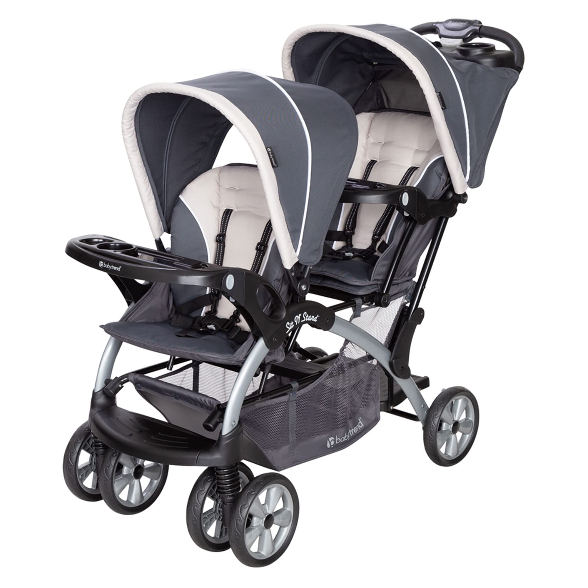 Baby Trend Sit N' Stand Convertible Double Stroller - Lightweight Foldable Travel Stroller for Toddler & Infant with 5-Point Safety Harness, Large Storage Basket | Perfect for Shopping, Travel & Daily Walks (Magnolia)