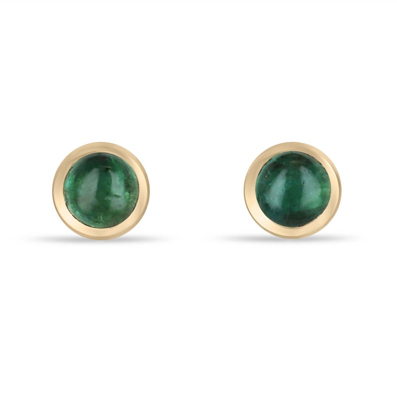0.55tcw 14K Gold Natural Medium Dark Green Round Cabochon Emerald Stud Earrings for Women - Perfect for Everyday Wear, Gifts & Special Occasions