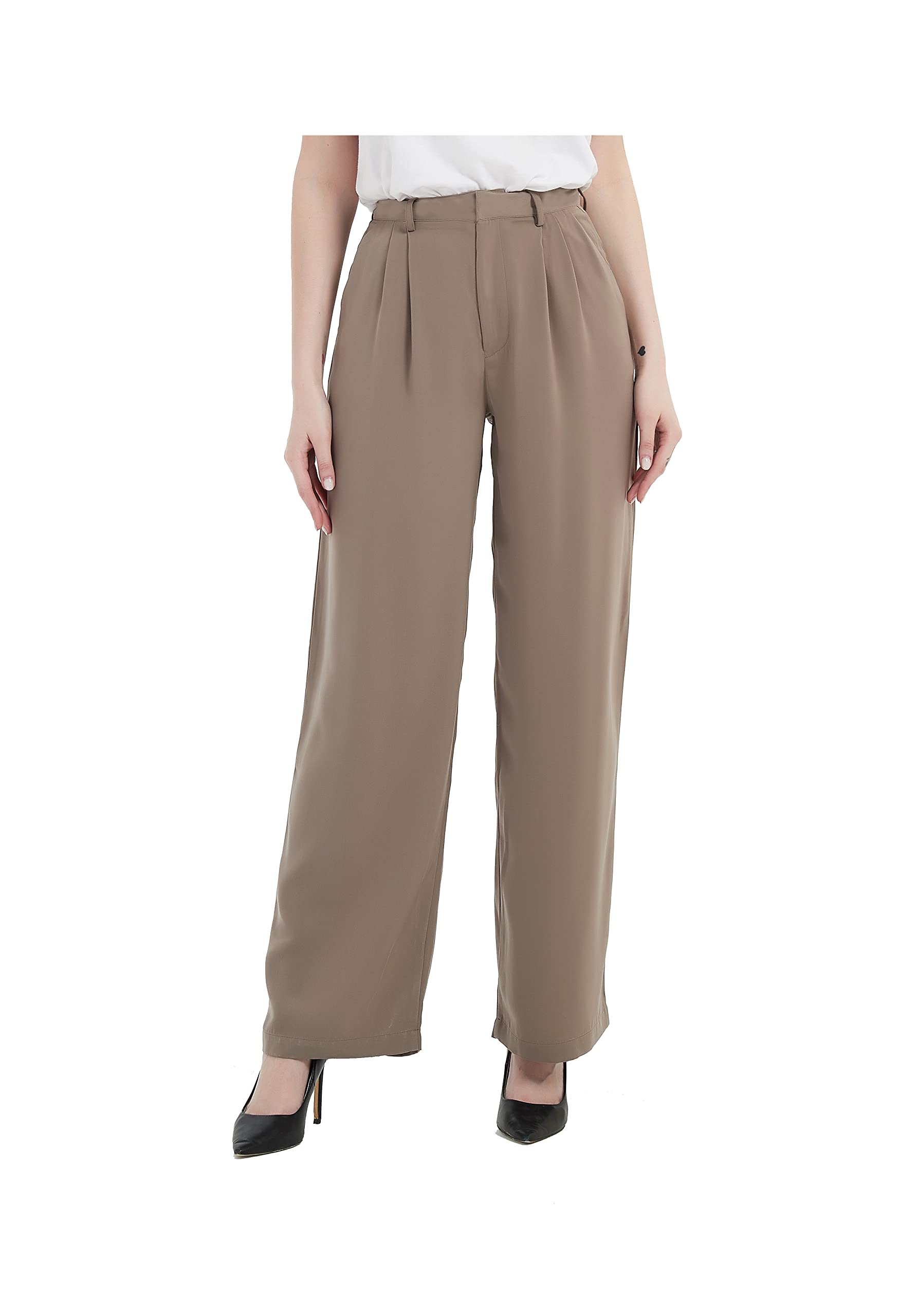 Tronjori Women's High Waist Straight Leg Dress Pants - Wide Leg Trousers with Regular Waistband for Office, Business Casual & Everyday Wear