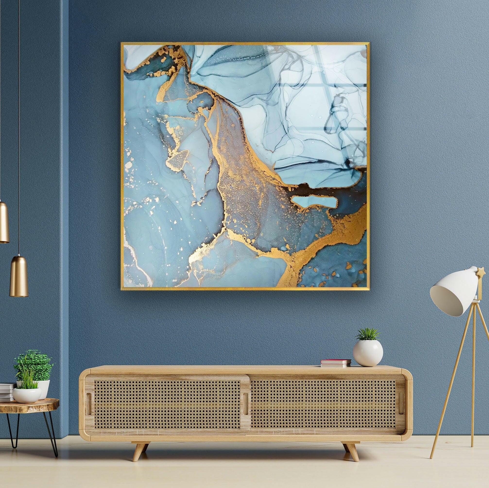 Handmade Aquamarine Alcohol Ink Stained Glass Wall Art - Blue Ocean Themed Abstract Painting for Home & Office Decor