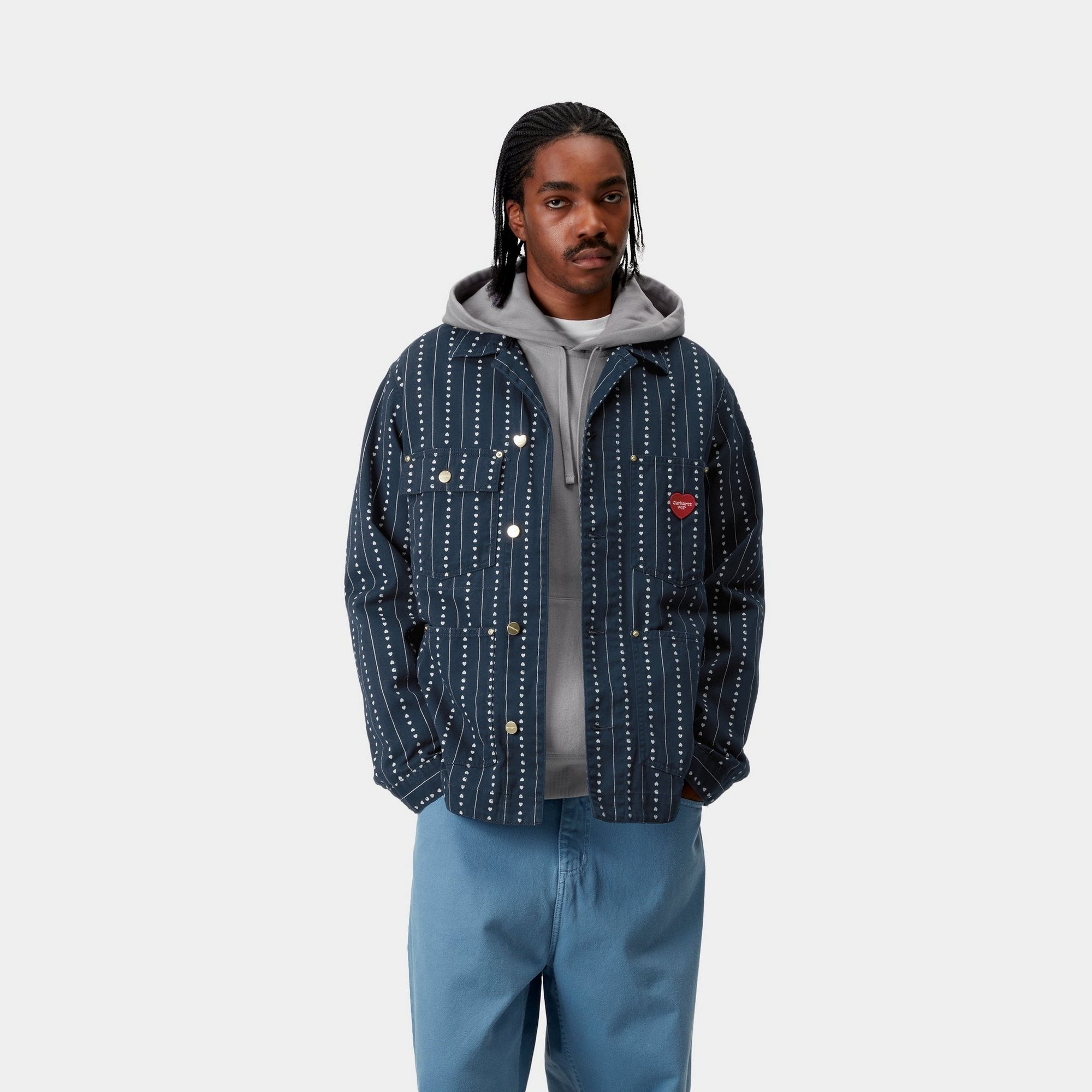 Drewe Men's Chore Coat Jacket - Ink & Natural Heart C Pinstripe Design - Durable Workwear for Outdoor Activities, Casual Wear & Everyday Use