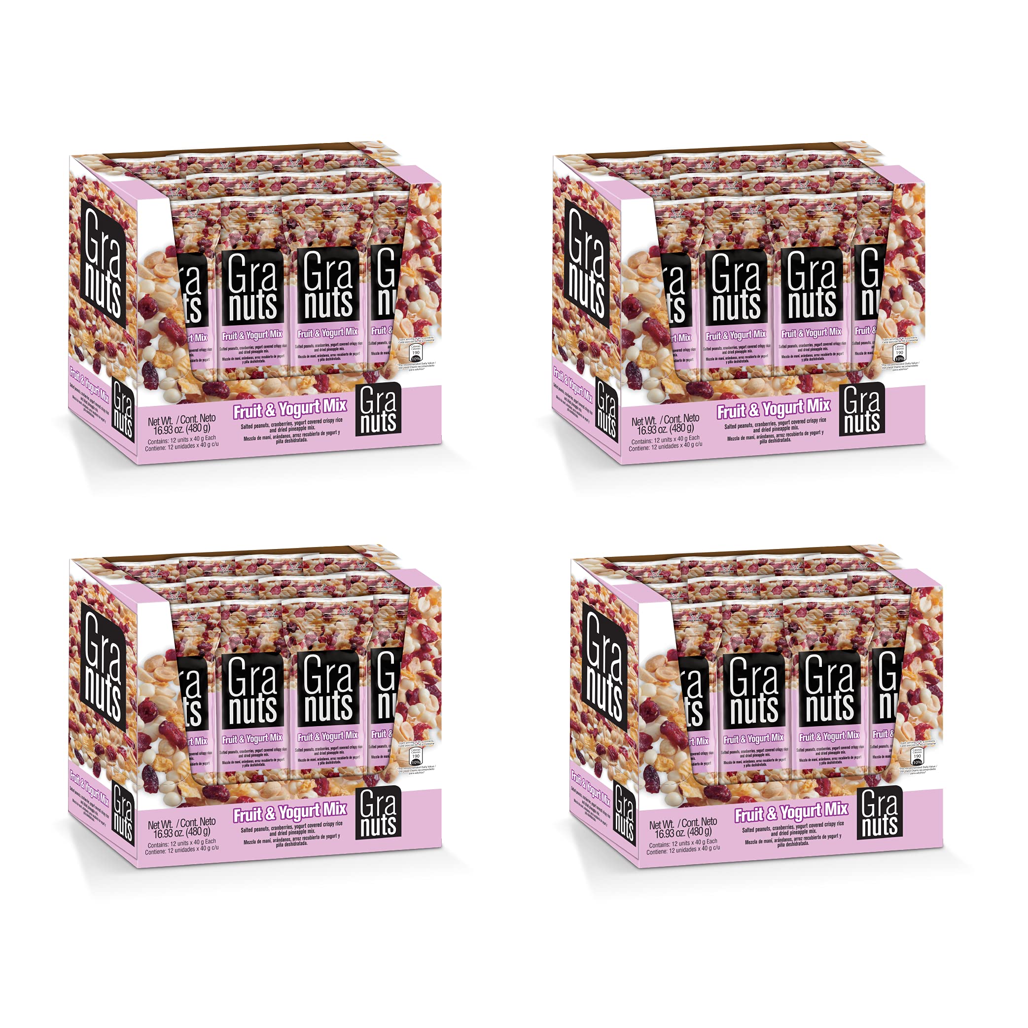 Granuts Fruit & Yogurt Mix - Crunchy Yogurt-Covered Rice with Peanuts, Cranberries & Pineapple - Healthy On-the-Go Snack - 4 Packs of 1.41 Oz (48 Individual Servings) - Perfect for Office, Hiking & Kids Lunchboxes