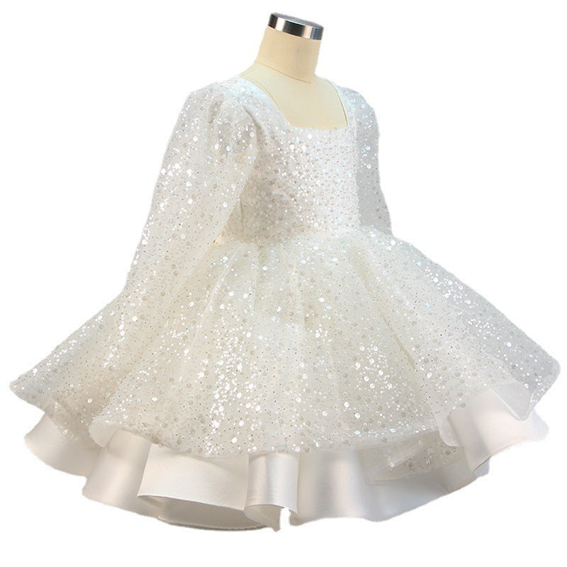 Sparkly Sequin Princess Flower Girl Dress for Weddings | Square Neck Lantern Sleeve Formal Gown - Perfect for Flower Girls, Pageants, and Special Occasions