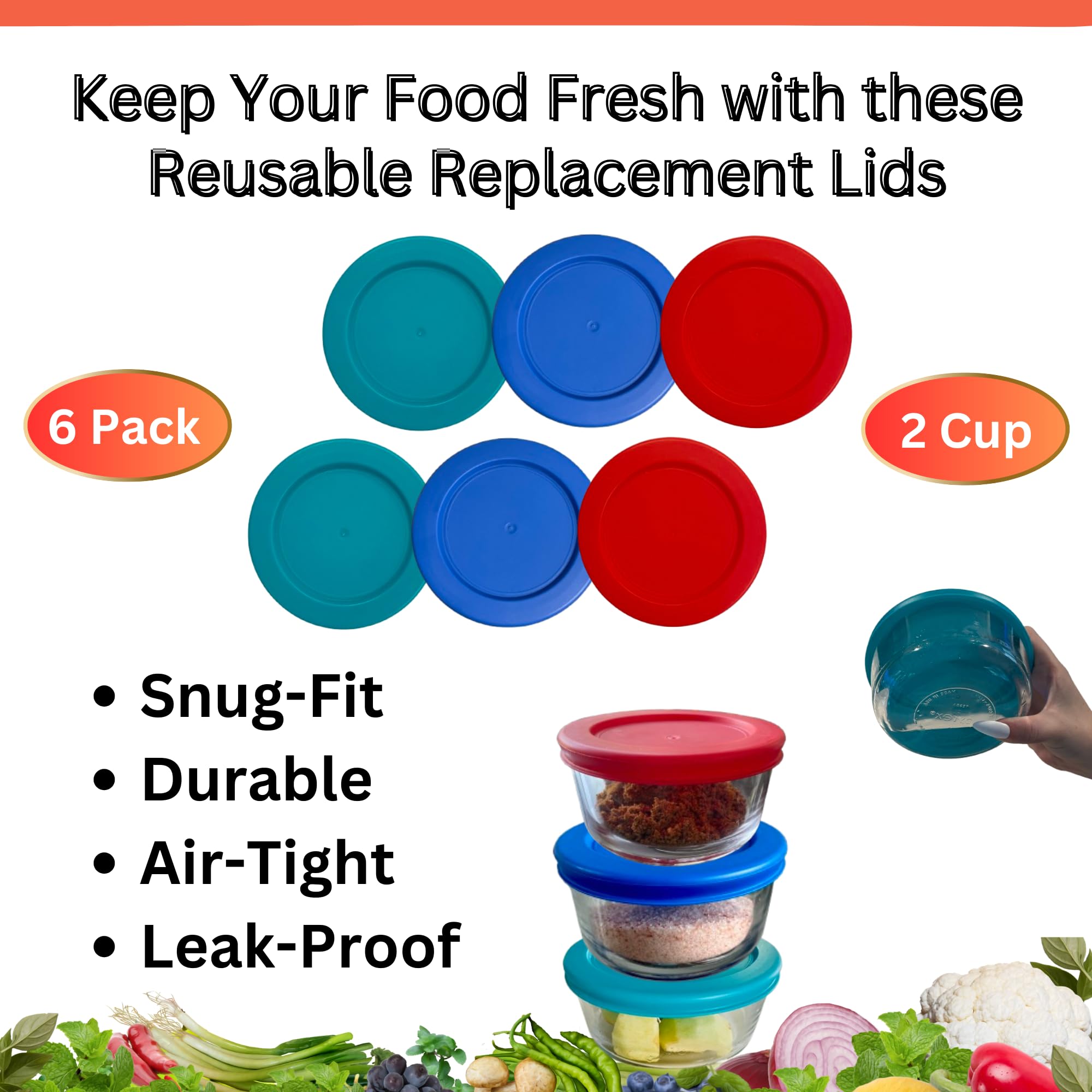 Pyrex 2 Cup Glass Food Storage Container Replacement Lids - 6 Pack (Turquoise, Blue, Red) | Airtight & Leakproof Covers for Meal Prep, Leftovers & Kitchen Organization (Container Not Included)