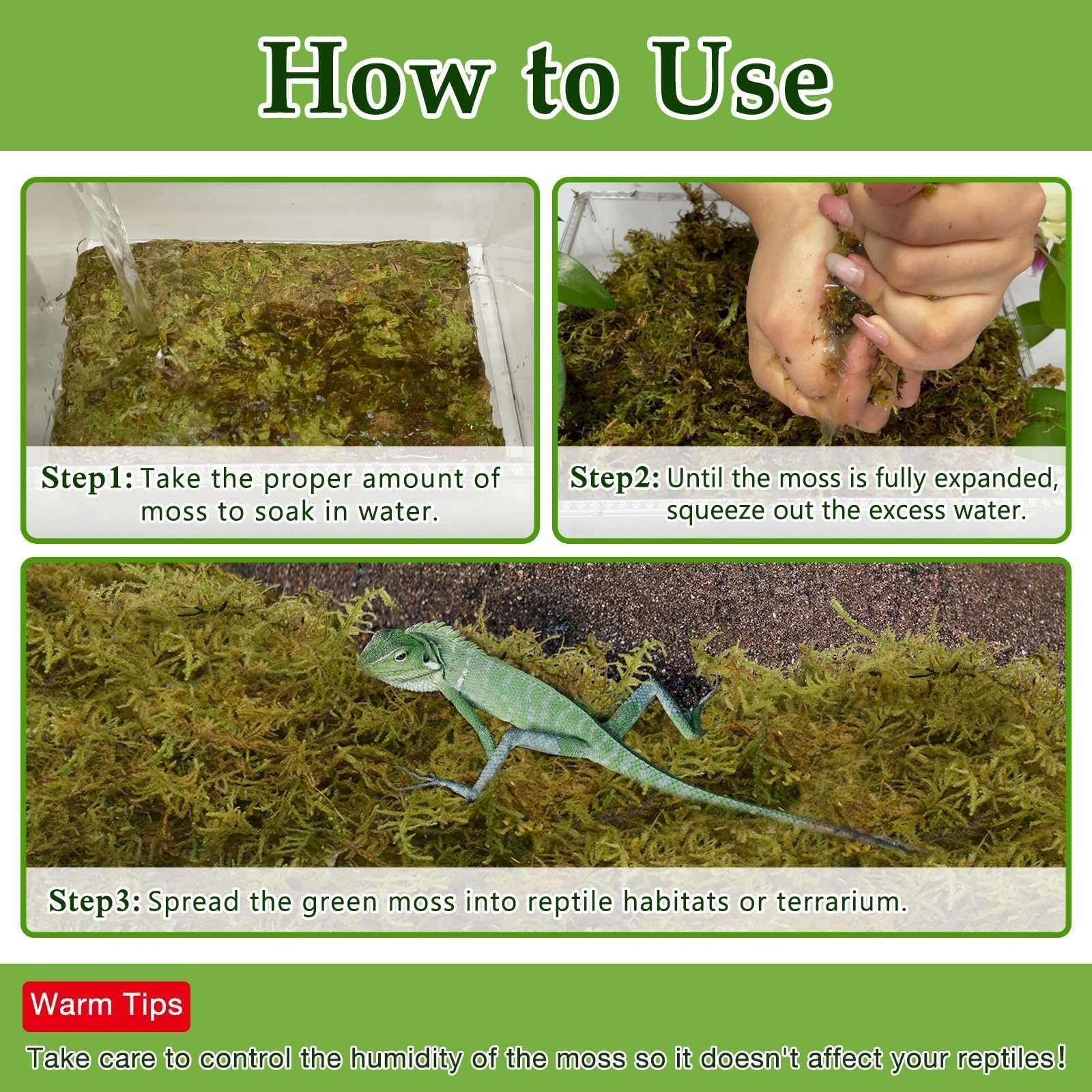 Premium 9OZ Natural Sphagnum Moss for Reptiles - 14QT Long Fiber Green Live Moss for Terrarium Plants | Ideal for Leopard Geckos, Snakes, Hamsters, Tortoises, Frogs, Lizards & Salamanders | Perfect for Reptile Habitats, Vivariums & Terrarium Decorations