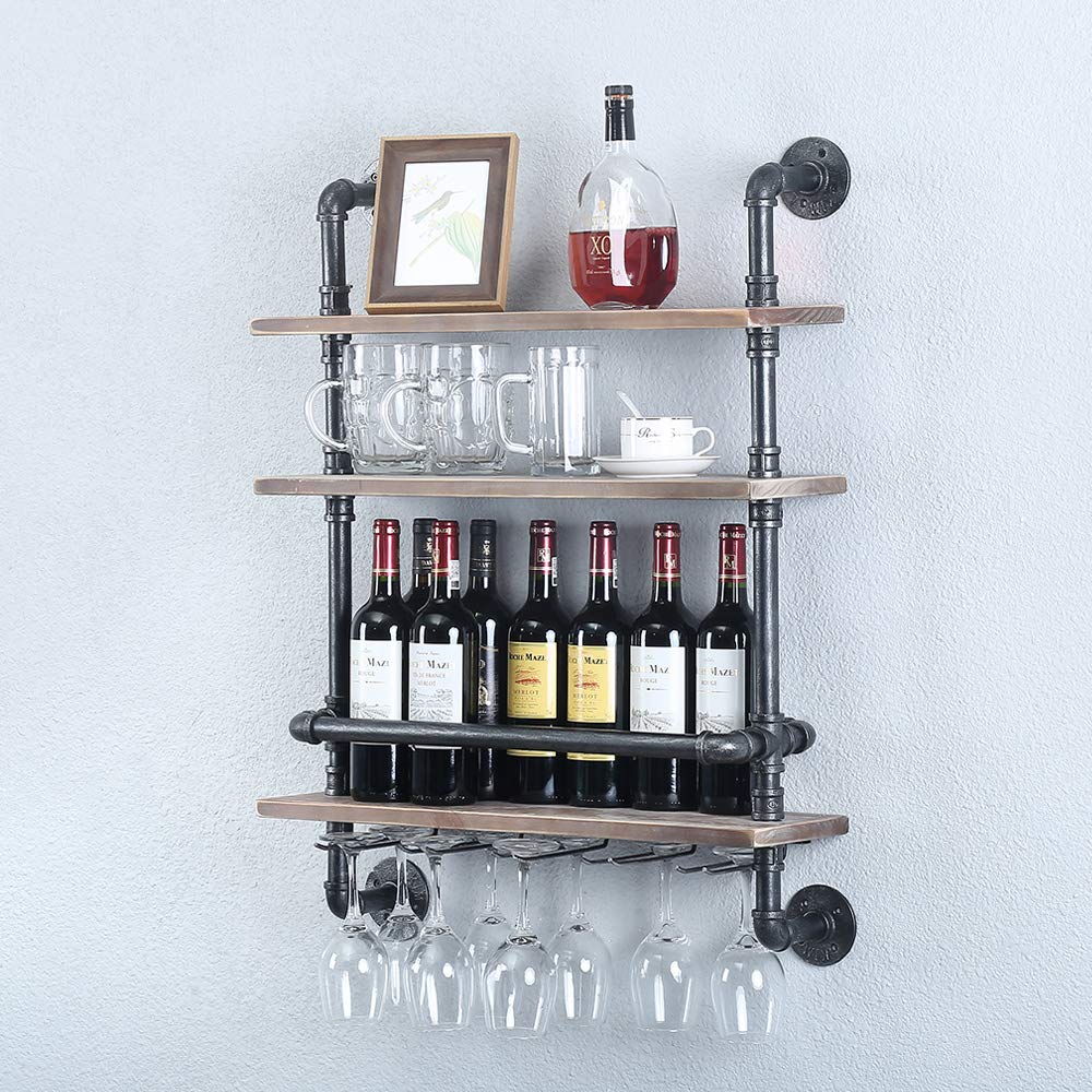 Industrial Pipe Shelf Wine Rack - 24in Wall Mounted Rustic Floating Bar Shelves with 5 Stem Glass Holder, Real Wood Kitchen Wall Shelf Unit, 3-Tier Steam Punk Pipe Shelving for Wine & Glass Storage - Perfect for Kitchen, Dining Room, Bar, and Home Decor