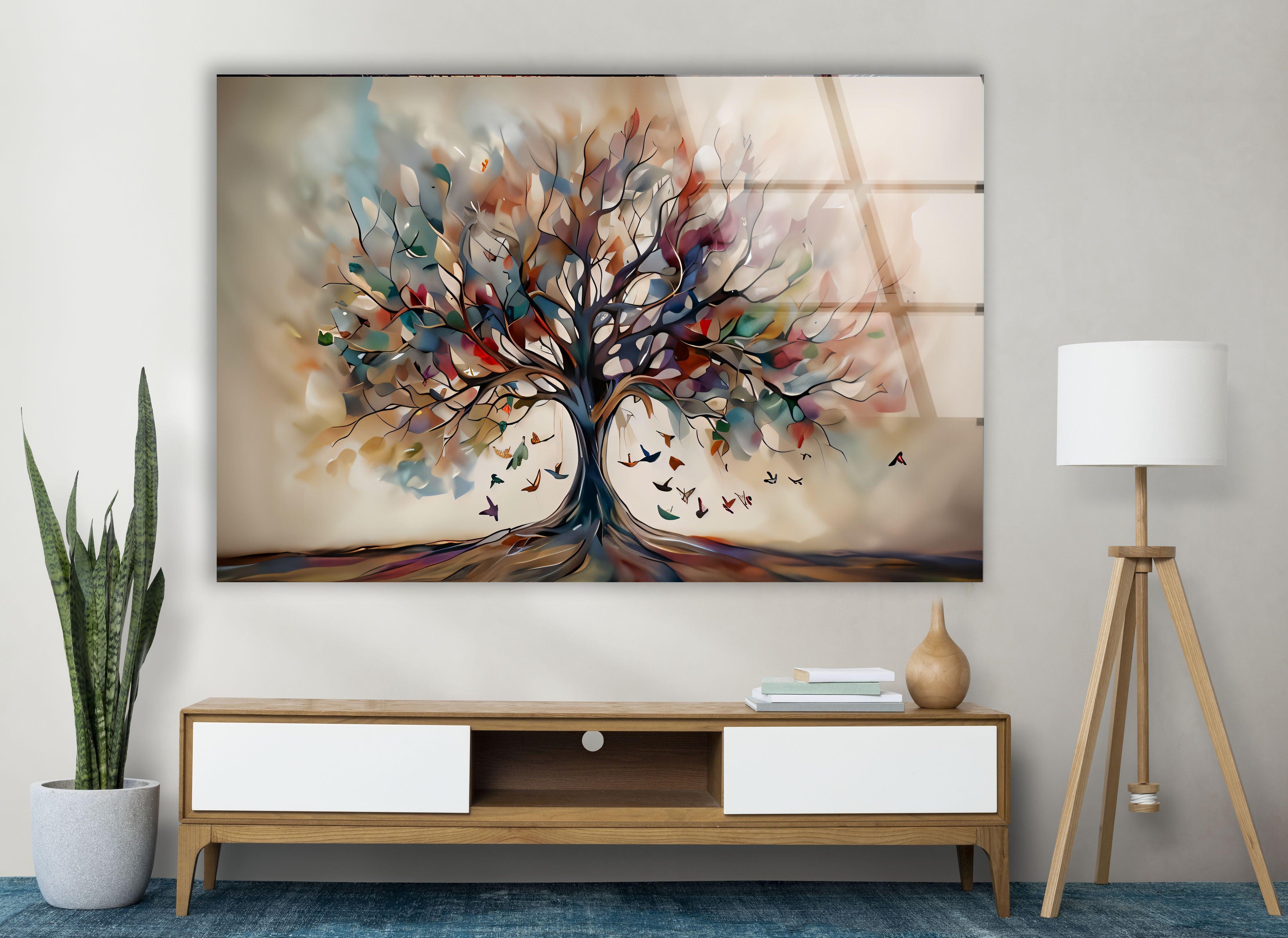 Beige Tree Glass Wall Art - Elegant Home Decor for Living Room, Bedroom & Office - Perfect for Modern & Boho Interiors