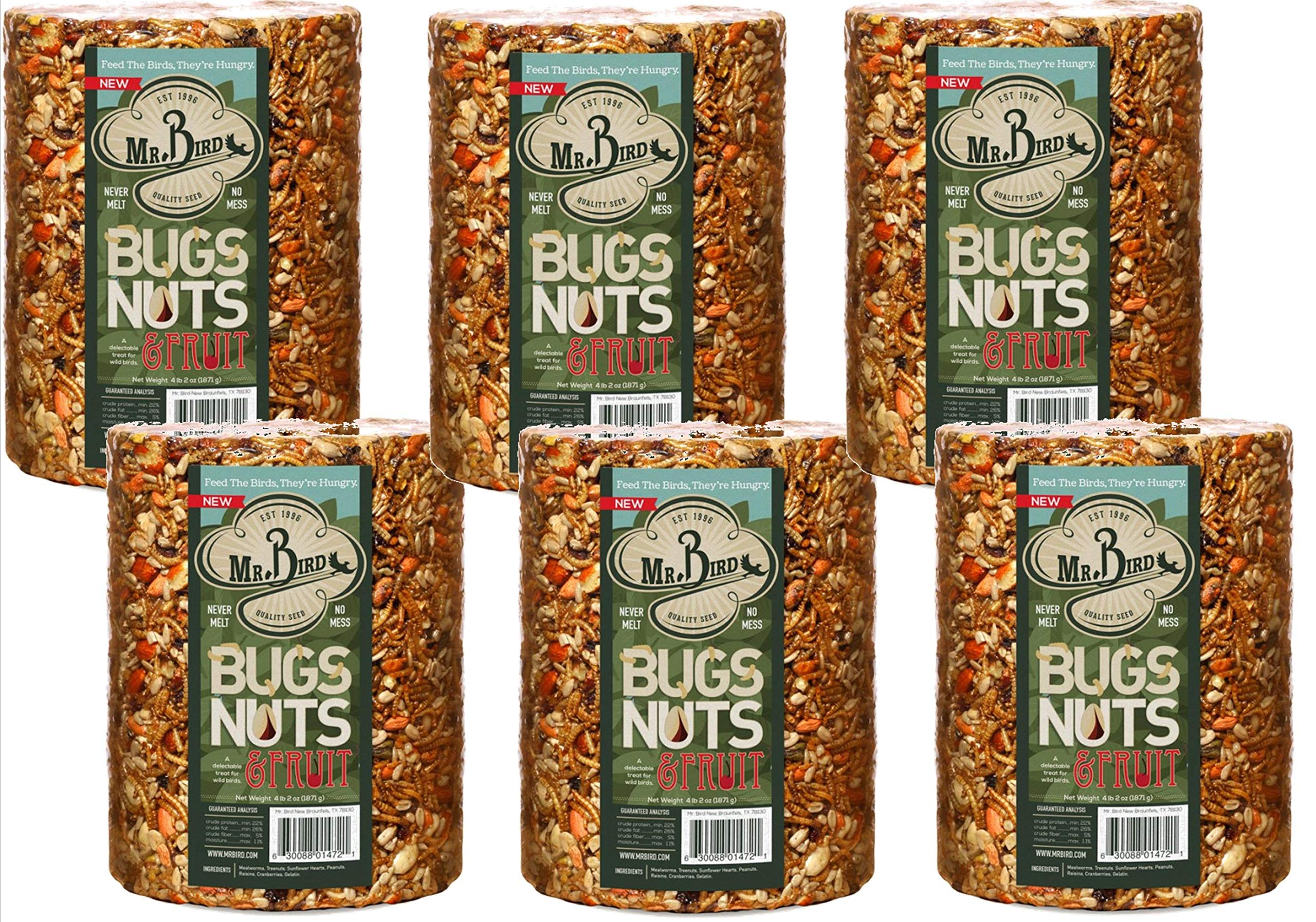 Mr. Bird 6-Pack Large Cylinder Wild Bird Food - Bugs, Nuts & Fruit Mix (4 lbs 2 oz) - Attracts Cardinals, Bluebirds & Woodpeckers - Perfect for Backyard Bird Feeders & Wildlife Watching