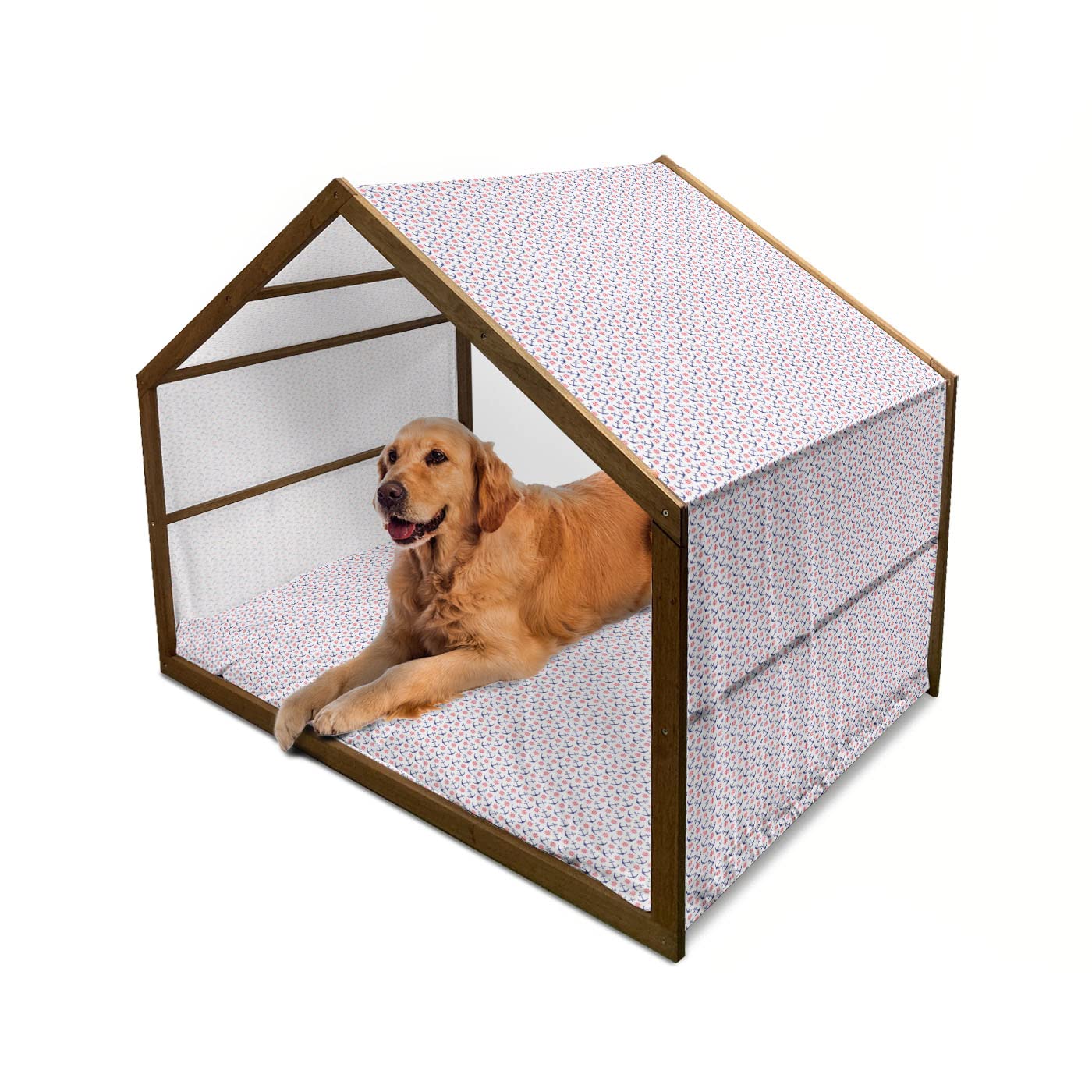 Ambesonne Anchor Wooden Dog House - Nautical Themed Indoor & Outdoor Portable Dog Kennel with Pillow & Cover, X-Large Size in Royal Blue & Dark Coral | Perfect for Beach Houses, Coastal Decor & Pet Comfort