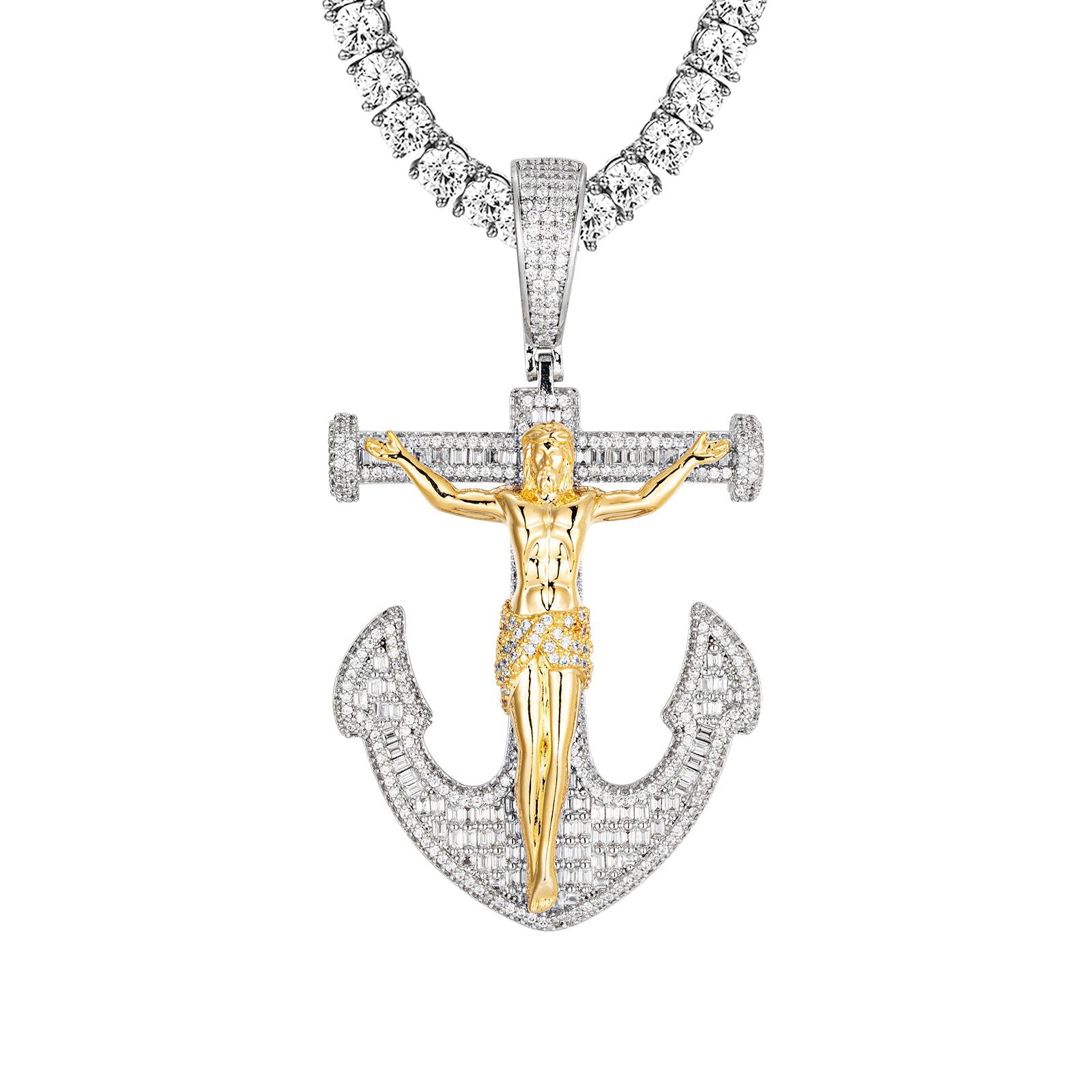 Men's Cross Anchor Jesus Iced Out Yellow Gold Tone Pendant Necklace - Religious Jewelry for Church, Gifts & Everyday Wear