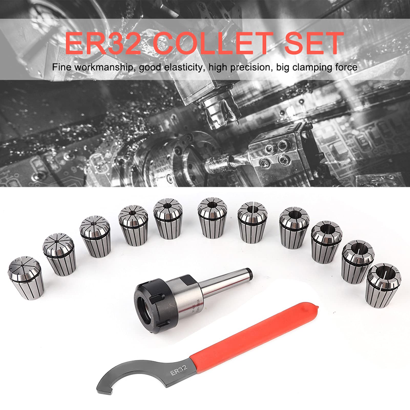 High Precision ER32 Collet Chuck Set with Box for CNC Engraving & Milling Machines - Includes MT2 Shank Holder, Wrench & Spring Collets - Perfect for Metalworking, Woodworking & Precision Machining
