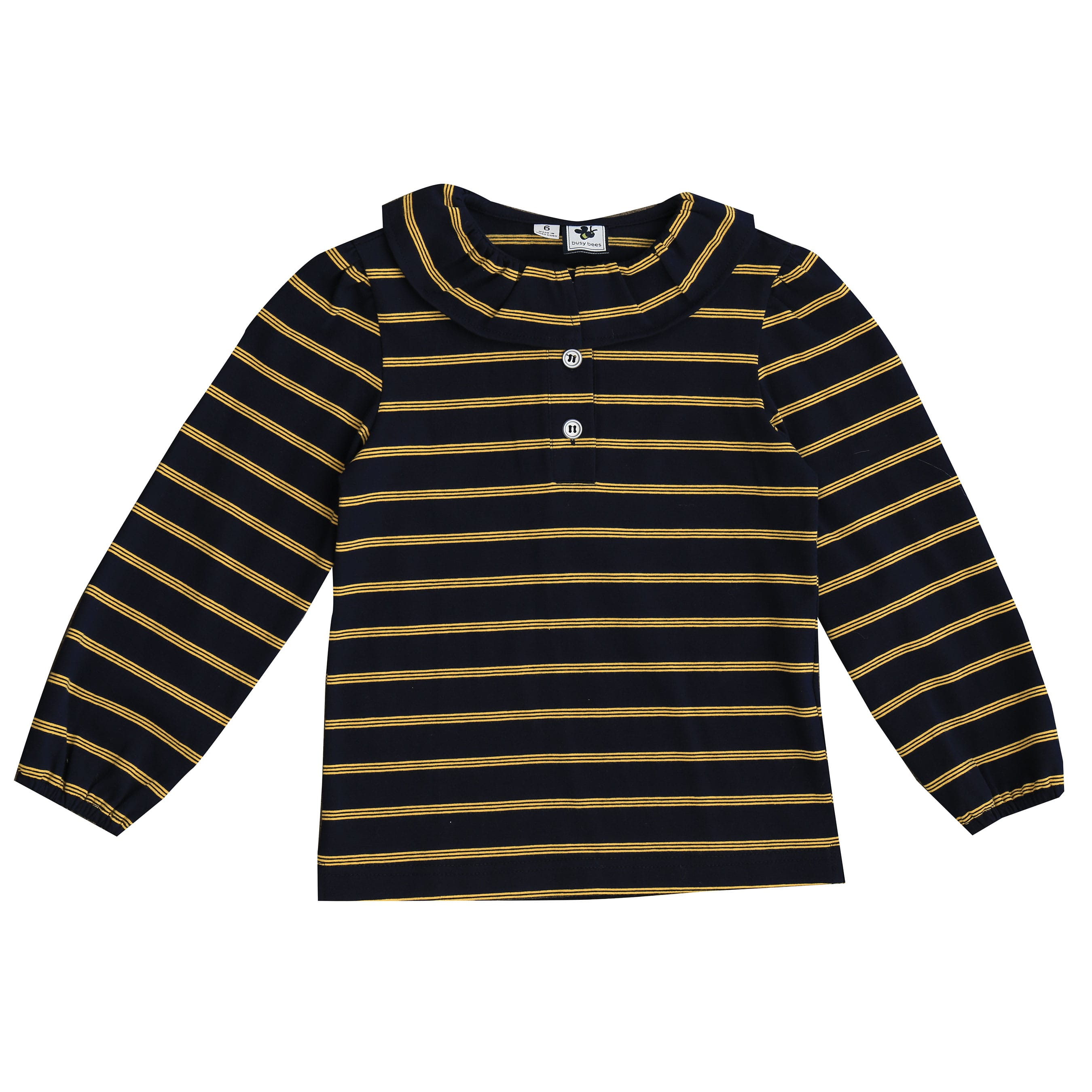 Eliza Girls Ruffle Knit Long Sleeve Polo Shirt - Navy & Yellow Striped Cotton Top for School, Playdates & Special Occasions