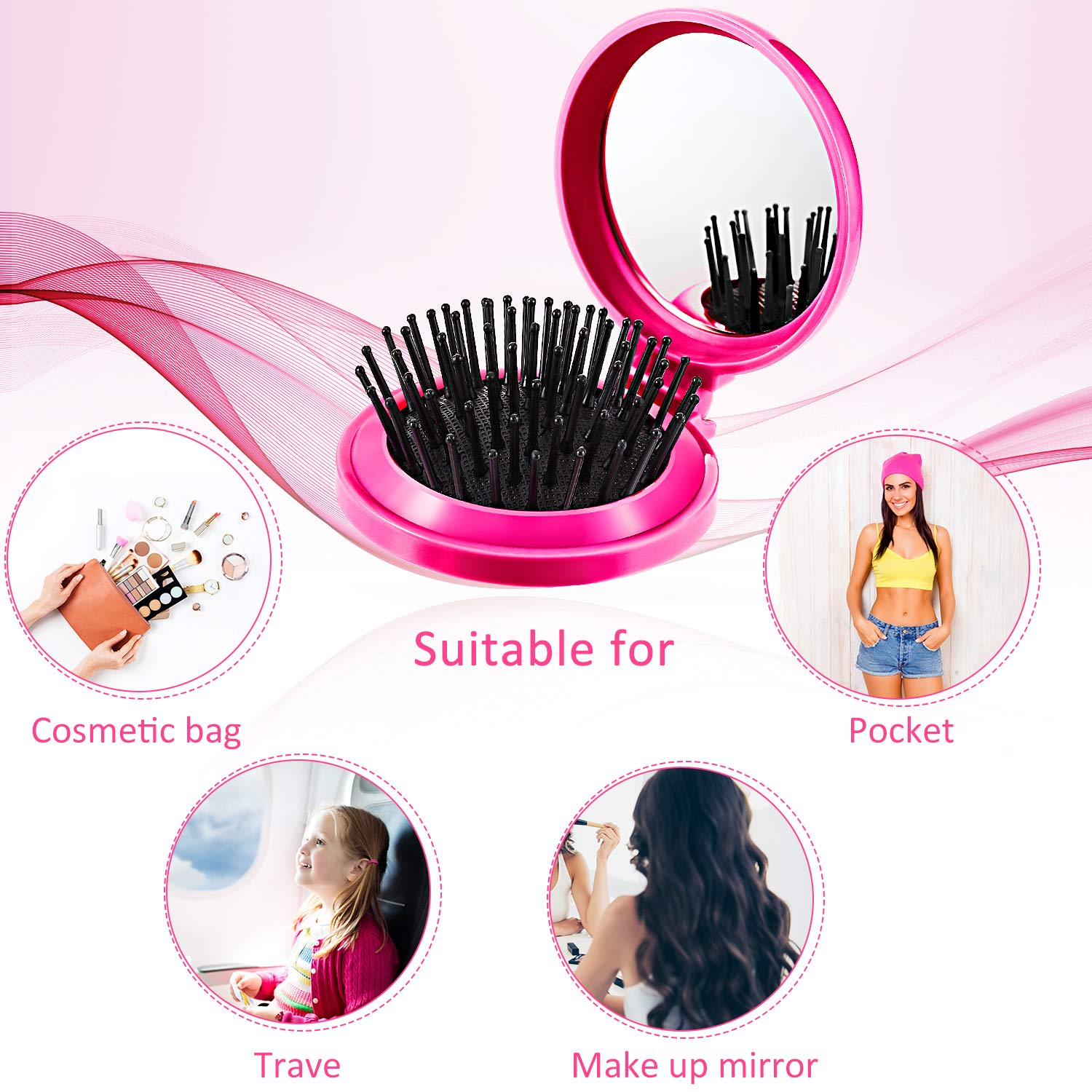 Foldable Travel Mirror Hair Brush 2 Pack - Round Portable Folding Pocket Hairbrush & Mini Comb Set for Men & Women | Compact Travel Size with Massage Bristles (Purple, Rose Red) | Perfect for On-the-Go Styling, Gym Bags & Travel Accessories