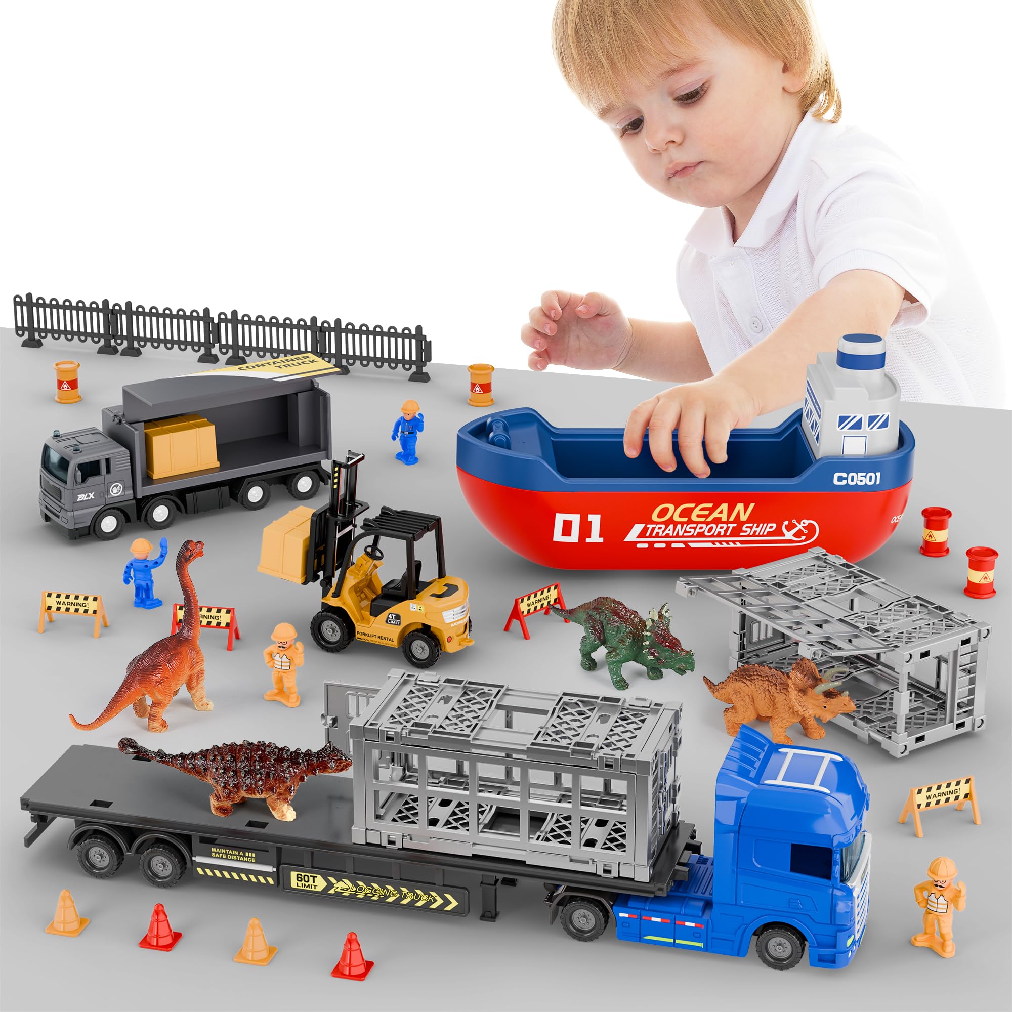 iPlay iLearn Dinosaur Cargo Truck Toys for Kids Ages 3-8 - Toddler Construction Playset with Boat, Trailer, Container Ship & Forklift Vehicles - Fun Educational Birthday Gift for Boys & Girls - Perfect for Pretend Play, Learning Transportation & Developing Fine Motor Skills