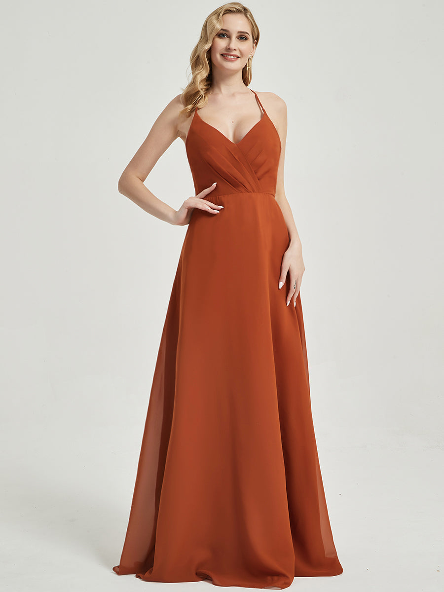 Elegant Burnt Orange Pleated Halter V-Neck Backless Chiffon Bridesmaid Dress - Perfect for Weddings, Formal Events & Evening Parties