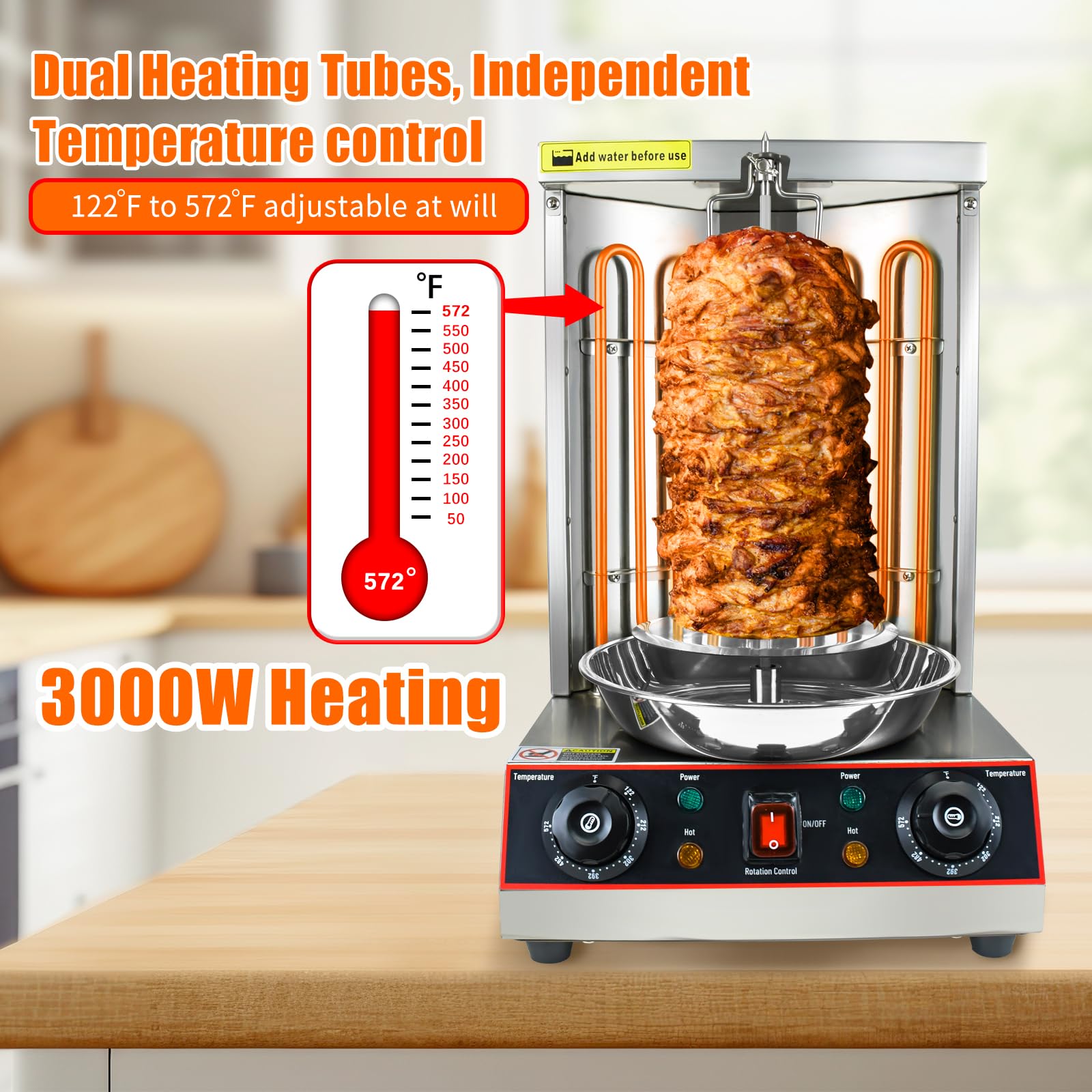 YOOKTEN 3000W Commercial Electric Shawarma Grill Machine - Stainless Steel Vertical Rotisserie for Doner Kebab, Gyro & Chicken - Includes Meat Catch Pan (Silver) - Perfect for Restaurants, Food Trucks & Home Kitchens