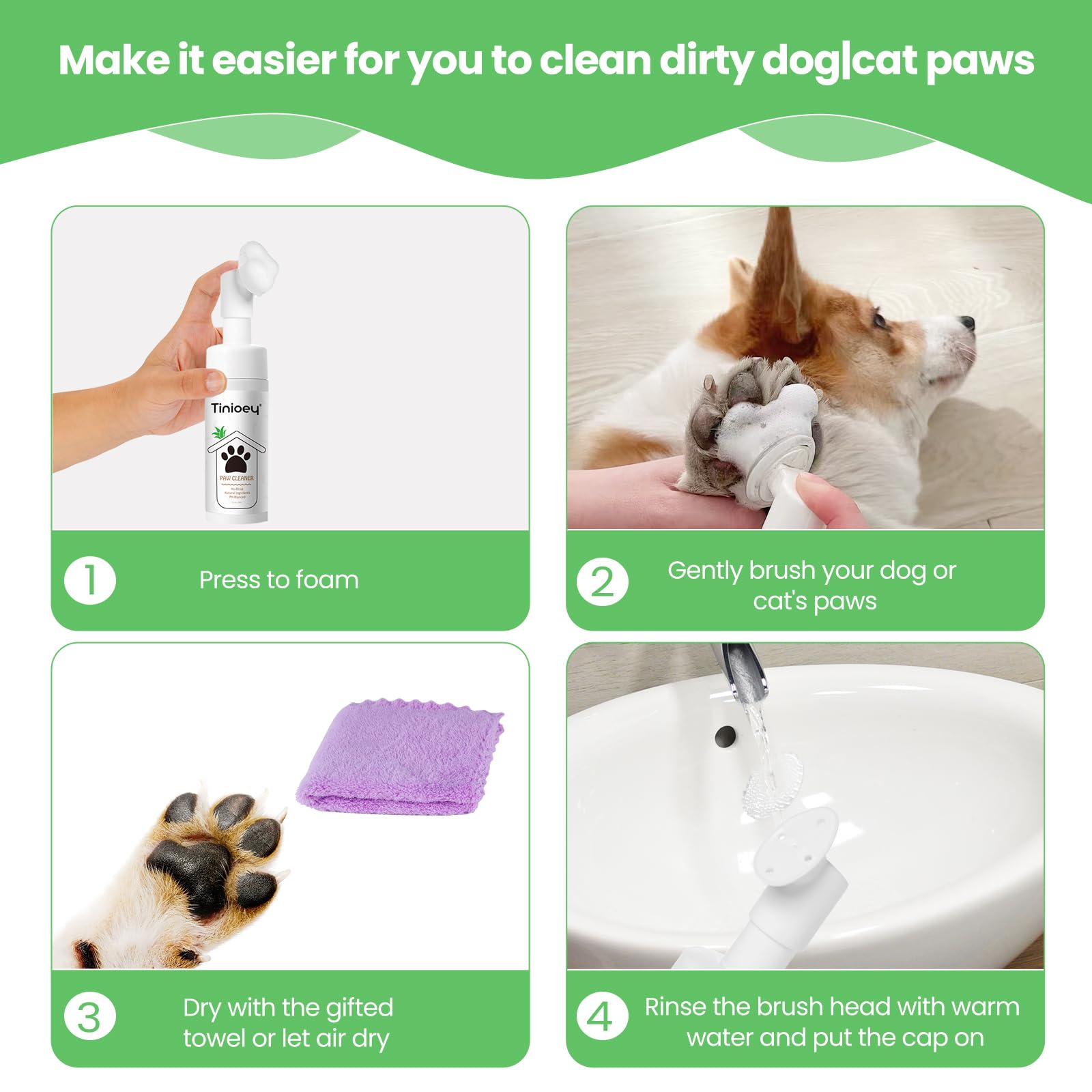 Tinioey No-Rinse Foaming Dog Paw Cleaner (5 fl oz) - Gentle Dandelion Pet Shampoo for Dirty Paws | Quick & Easy Paw Cleaning Solution for Dogs After Walks, Hiking & Outdoor Play